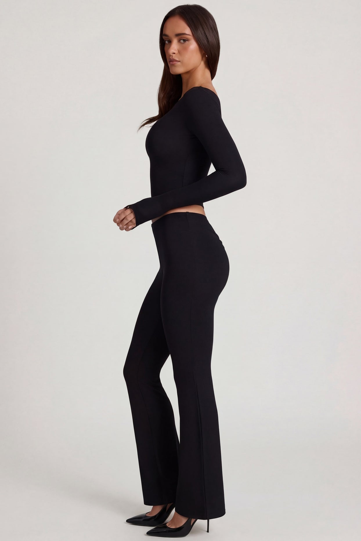 Modal Mid-Rise Flared Trousers in Black - 3