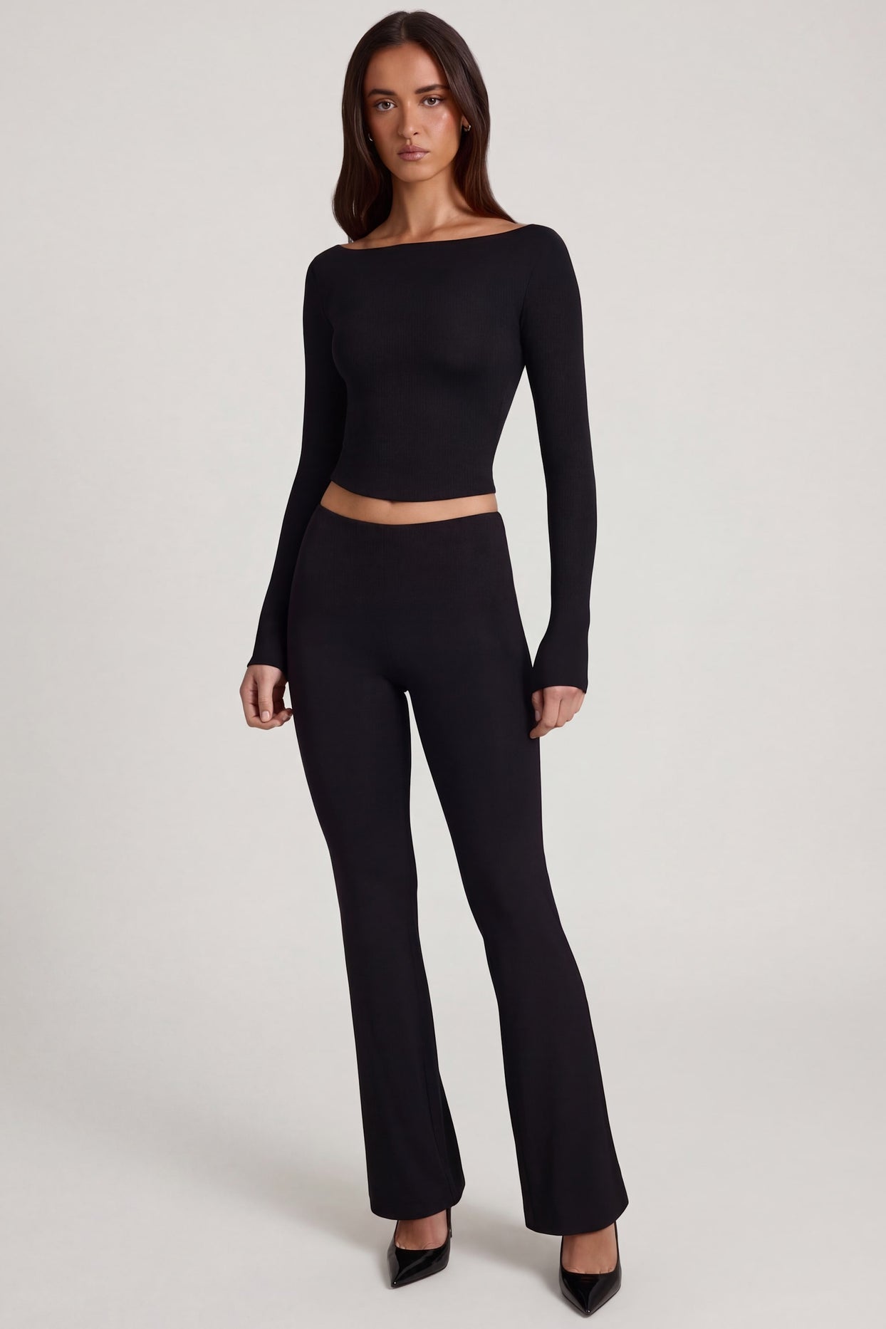 Modal Mid-Rise Flared Trousers in Black - 1