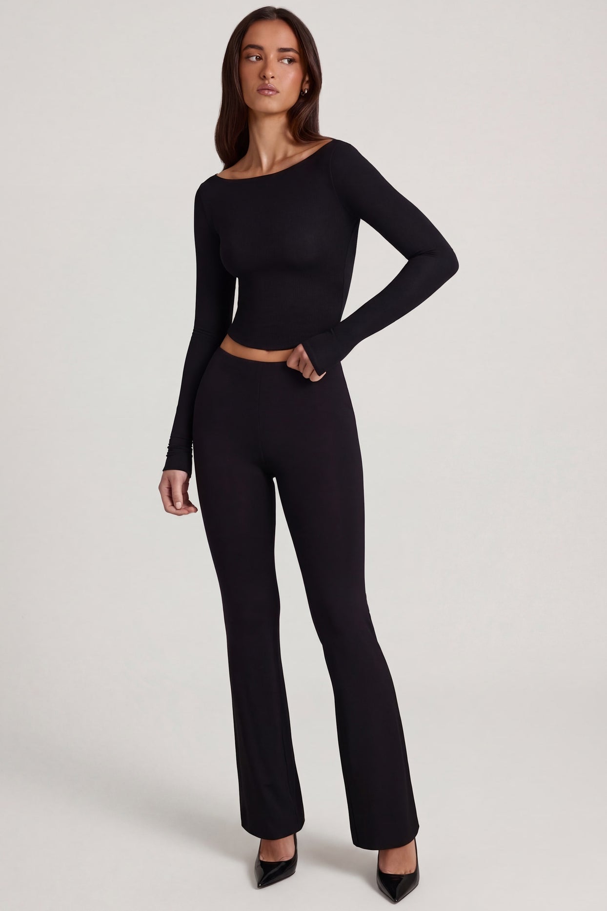 Modal Mid-Rise Flared Trousers in Black - 5