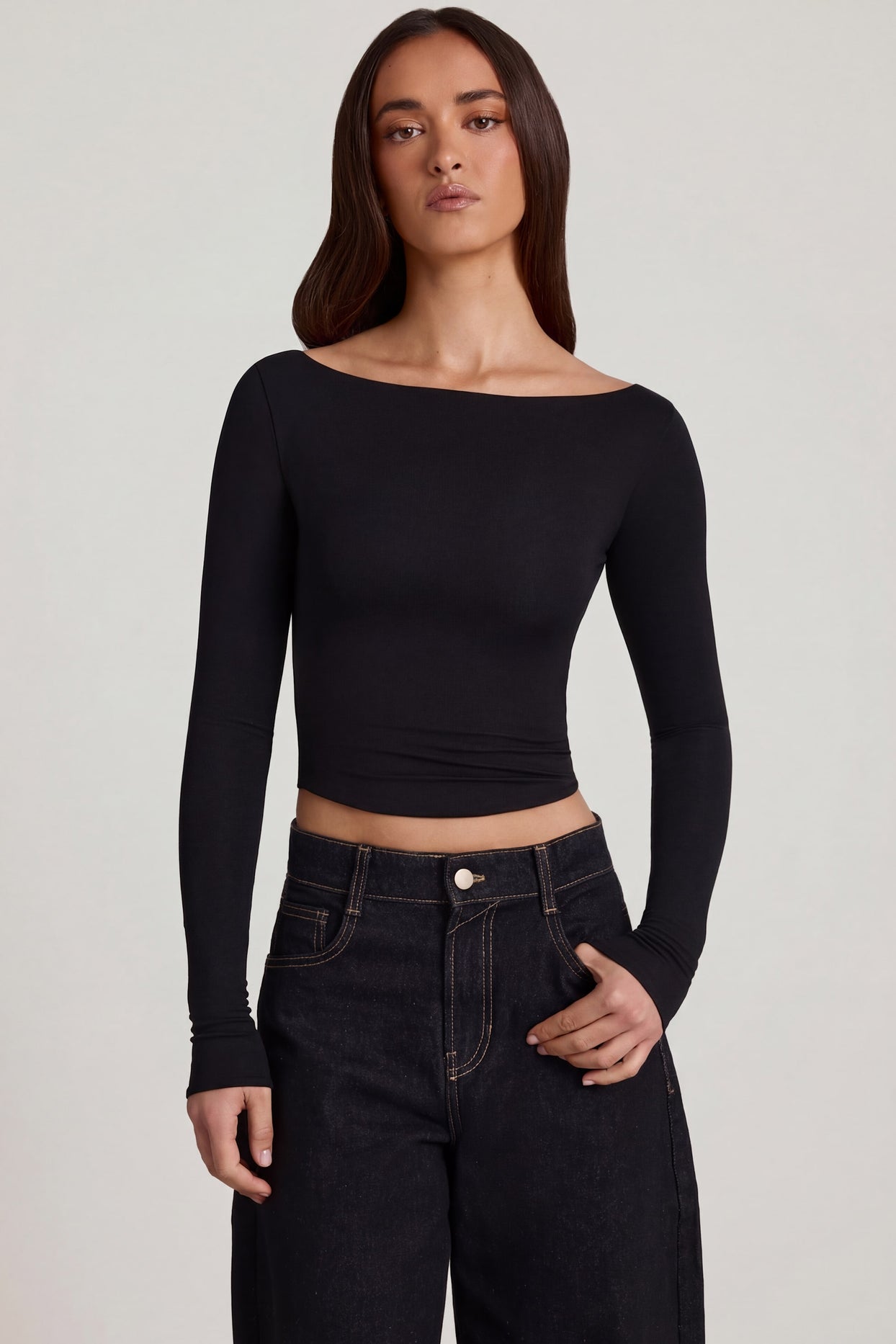 Modal Boat-Neck Long-Sleeve Top in Black - 5