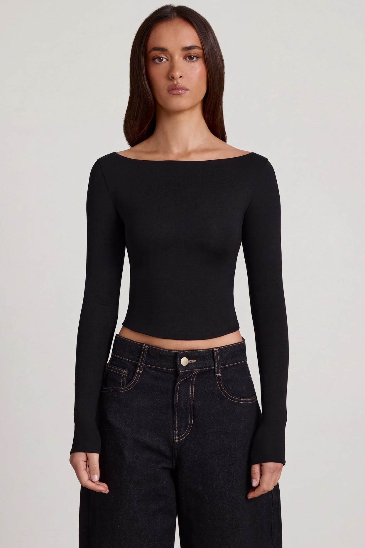 Modal Boat-Neck Long-Sleeve Top in Black - 1