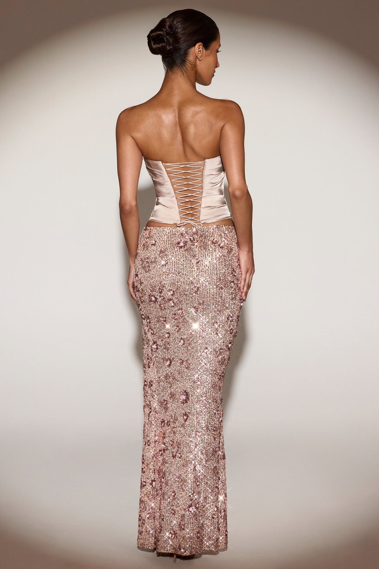 Embellished Mid-Rise Thigh-Split Maxi Skirt in Rose Gold - 3