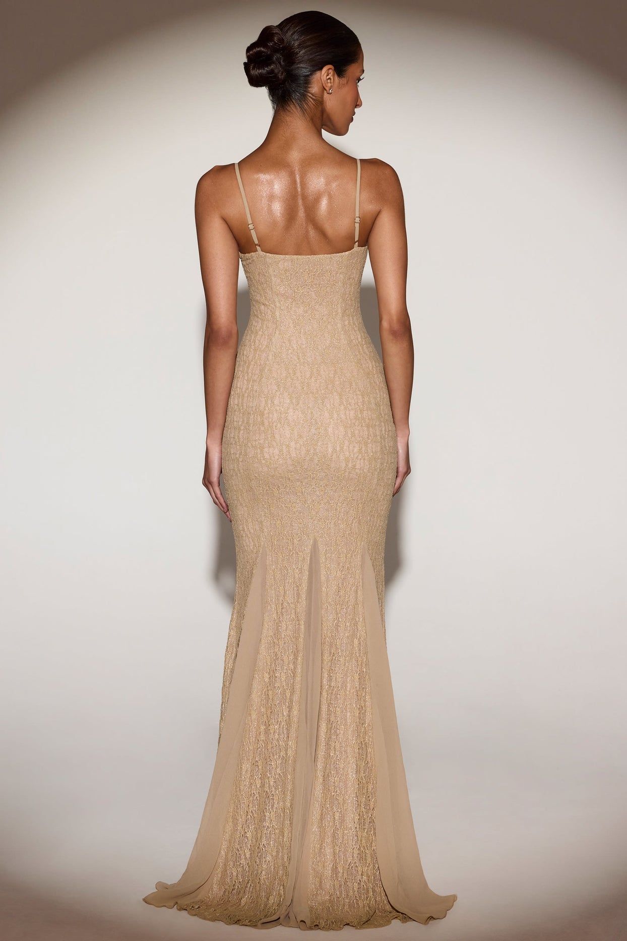 Metallic Lace Godet Fishtail Gown in Gold - 3