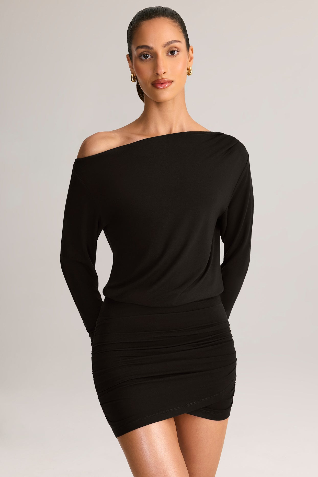 Modal Off-Shoulder Wrap Mini Dress in Black - 6