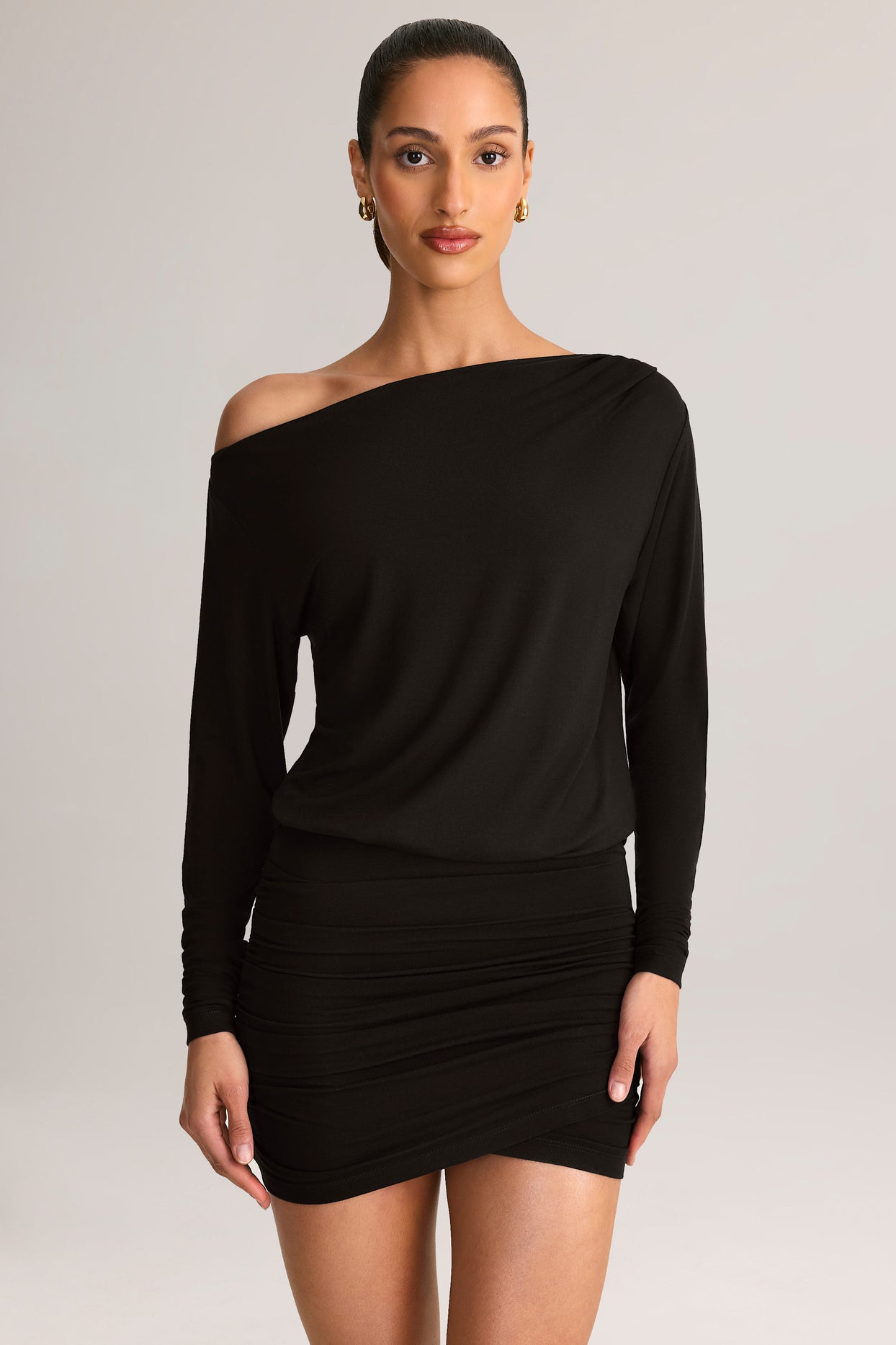 Modal Off-Shoulder Wrap Mini Dress in Black - 1