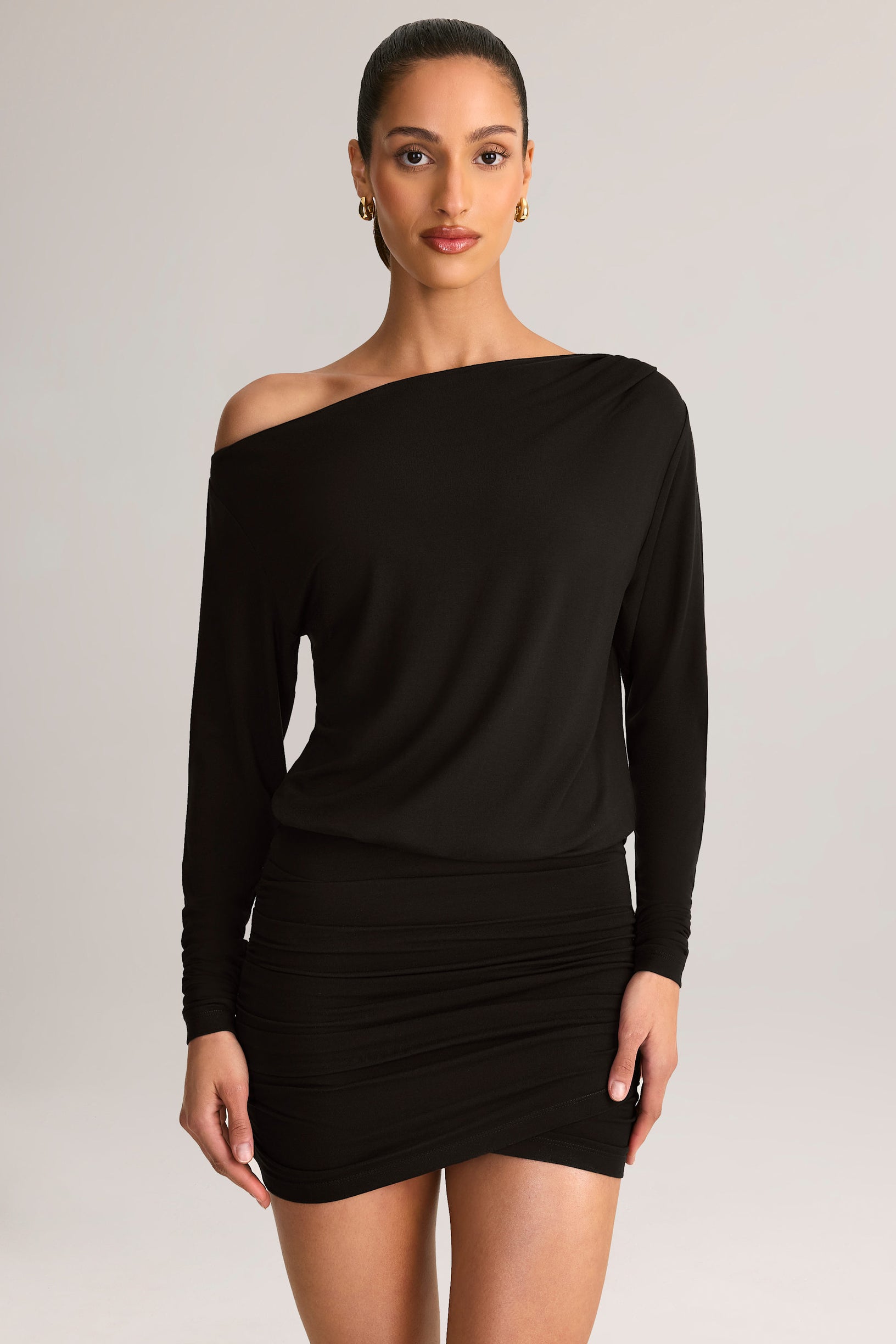 Modal Off-Shoulder Wrap Mini Dress in Black - 1