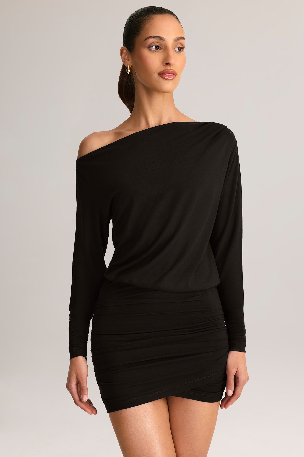 Modal Off-Shoulder Wrap Mini Dress in Black - 5