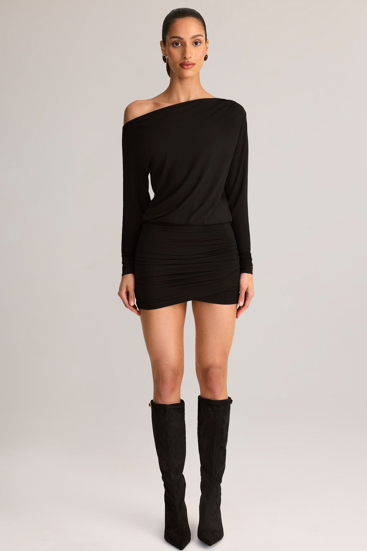 Modal Off-Shoulder Wrap Mini Dress in Black - 8