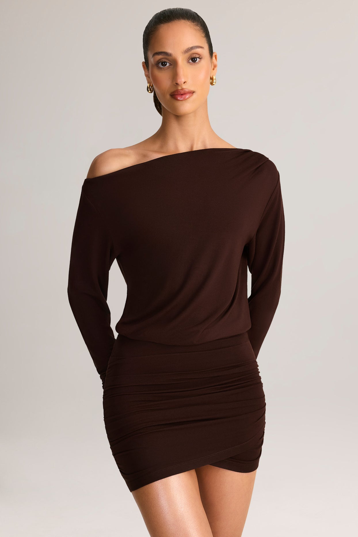 Modal Off-Shoulder Wrap Mini Dress in Chocolate Brown - 6