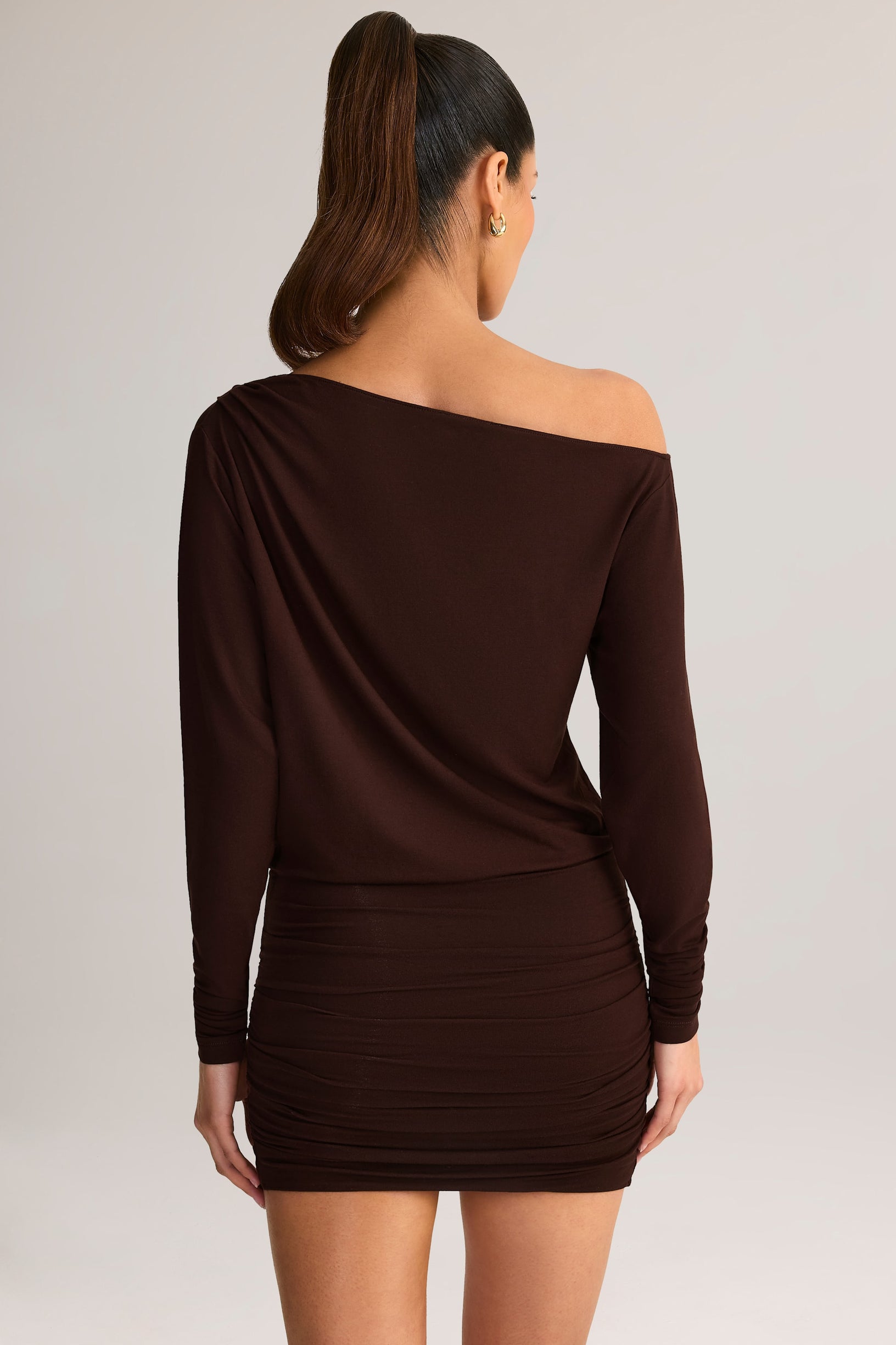 Modal Off-Shoulder Wrap Mini Dress in Chocolate Brown - 2