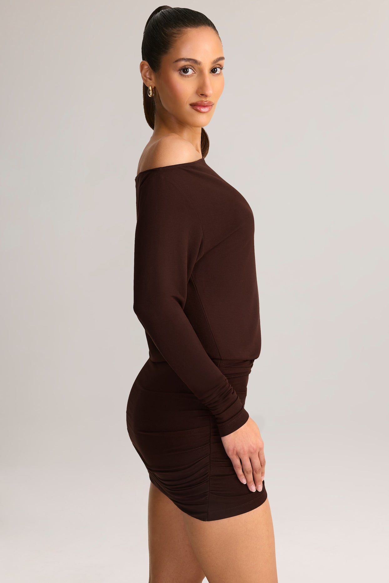 Modal Off-Shoulder Wrap Mini Dress in Chocolate Brown - 3