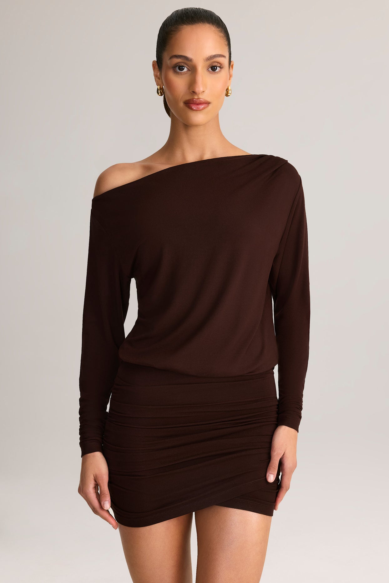 Modal Off-Shoulder Wrap Mini Dress in Chocolate Brown - 1