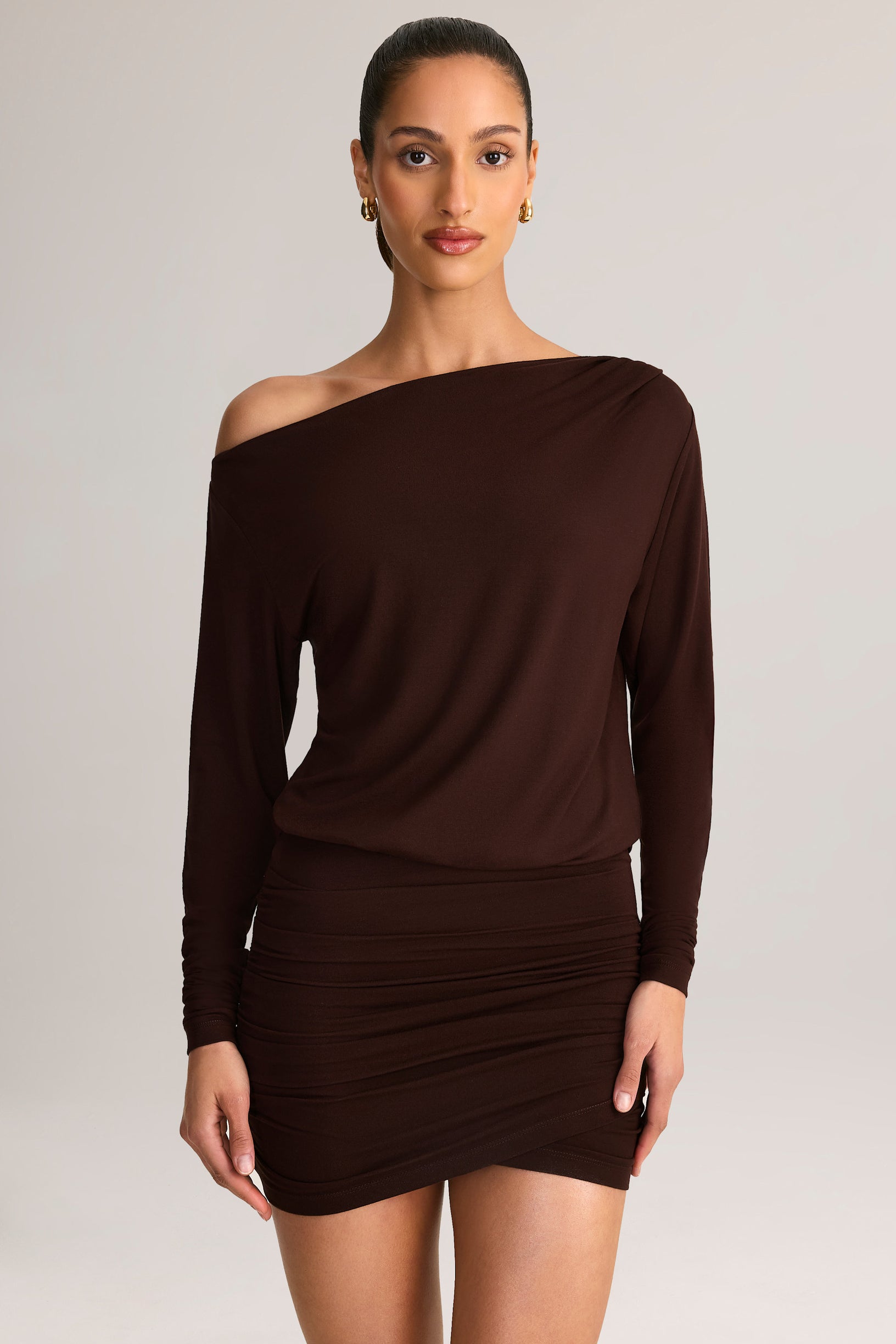 Modal Off-Shoulder Wrap Mini Dress in Chocolate Brown - 1