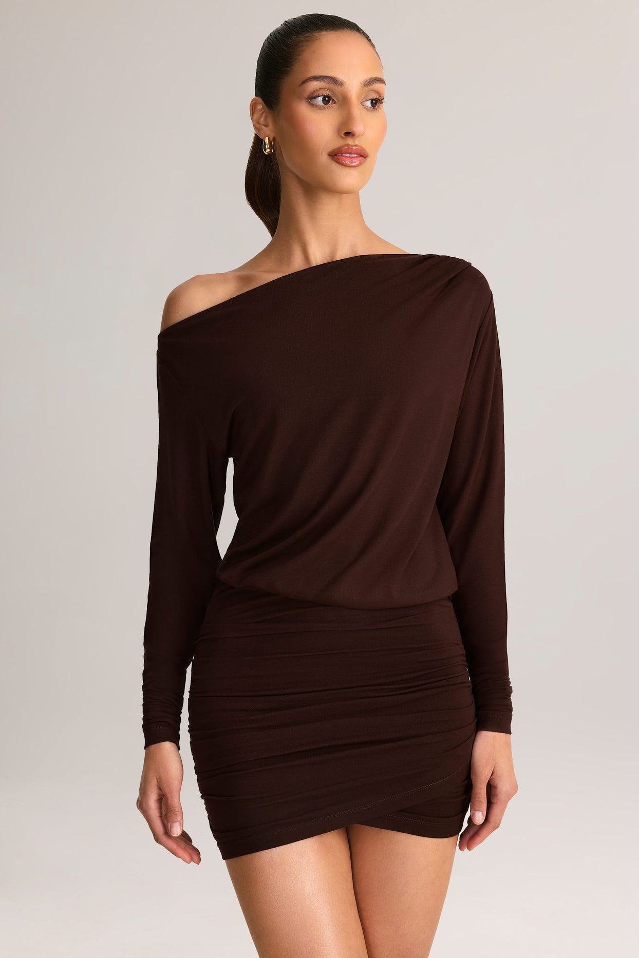 Modal Off-Shoulder Wrap Mini Dress in Chocolate Brown - 7