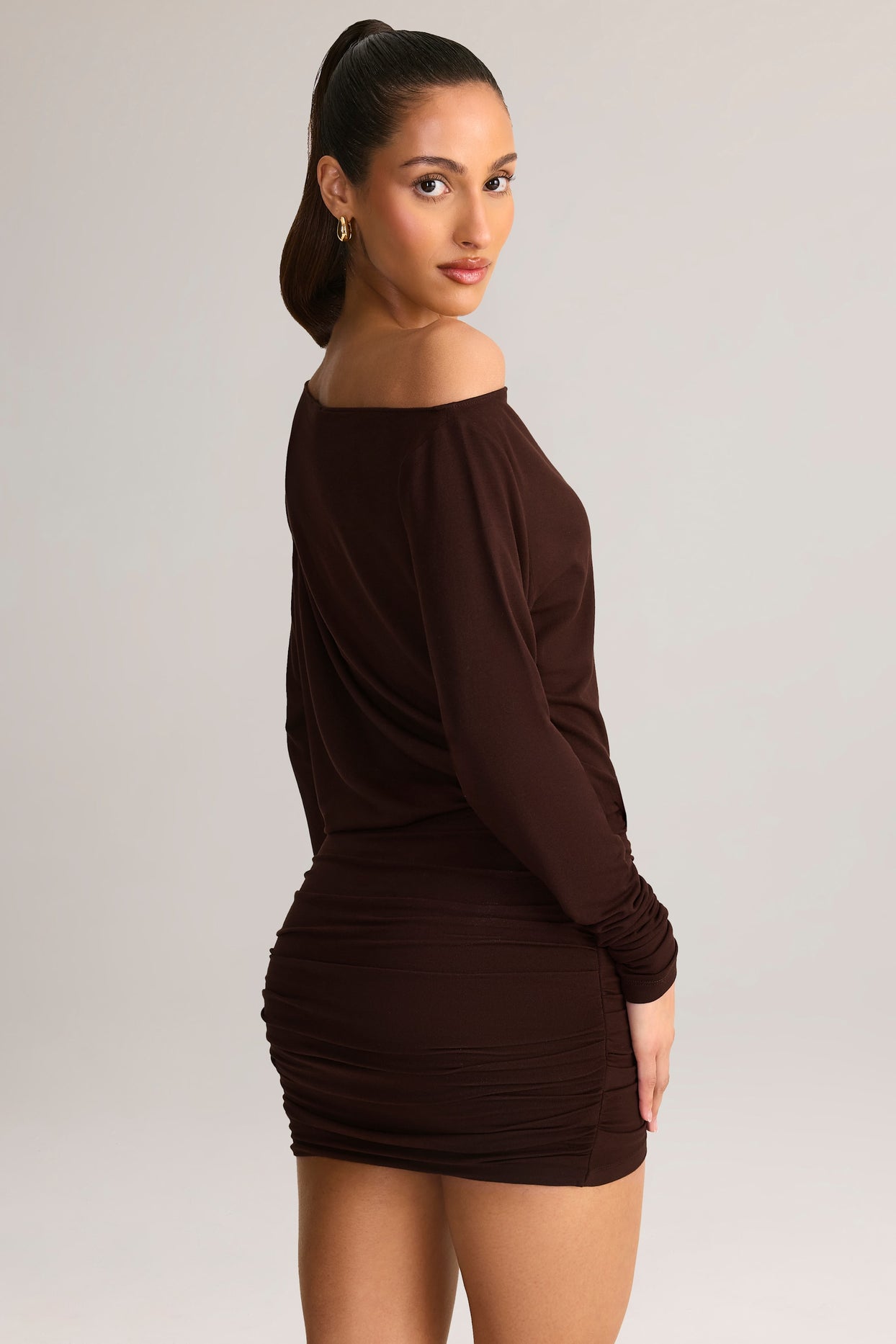 Modal Off-Shoulder Wrap Mini Dress in Chocolate Brown - 8
