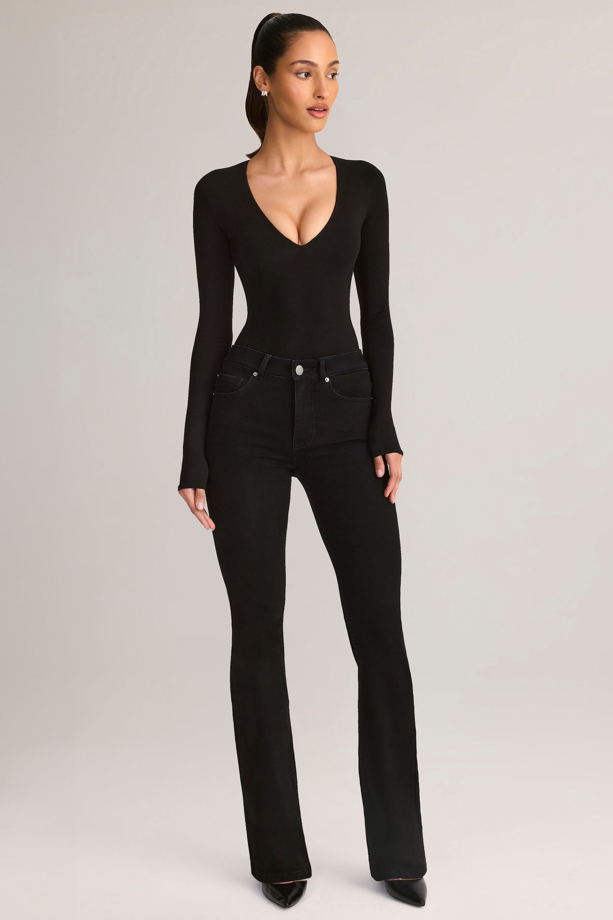 Denim Mid-Rise Flared Jeans in Black - 6