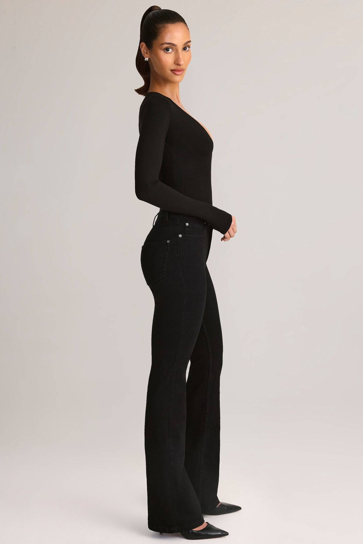 Denim Mid-Rise Flared Jeans in Black - 3