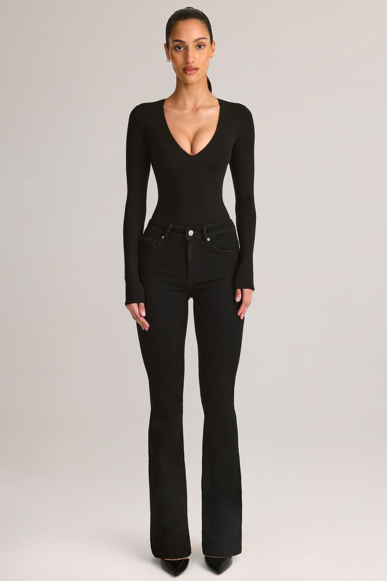 Denim Mid-Rise Flared Jeans in Black - 5