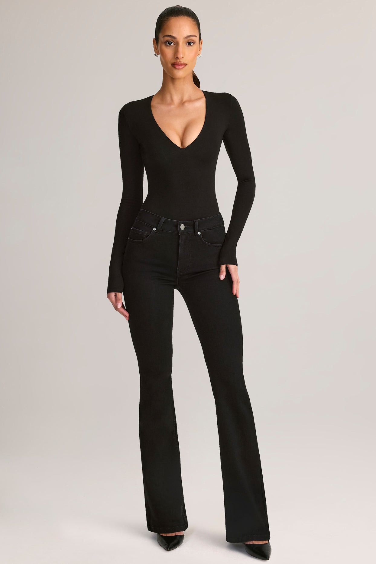 Denim Mid-Rise Flared Jeans in Black - 1