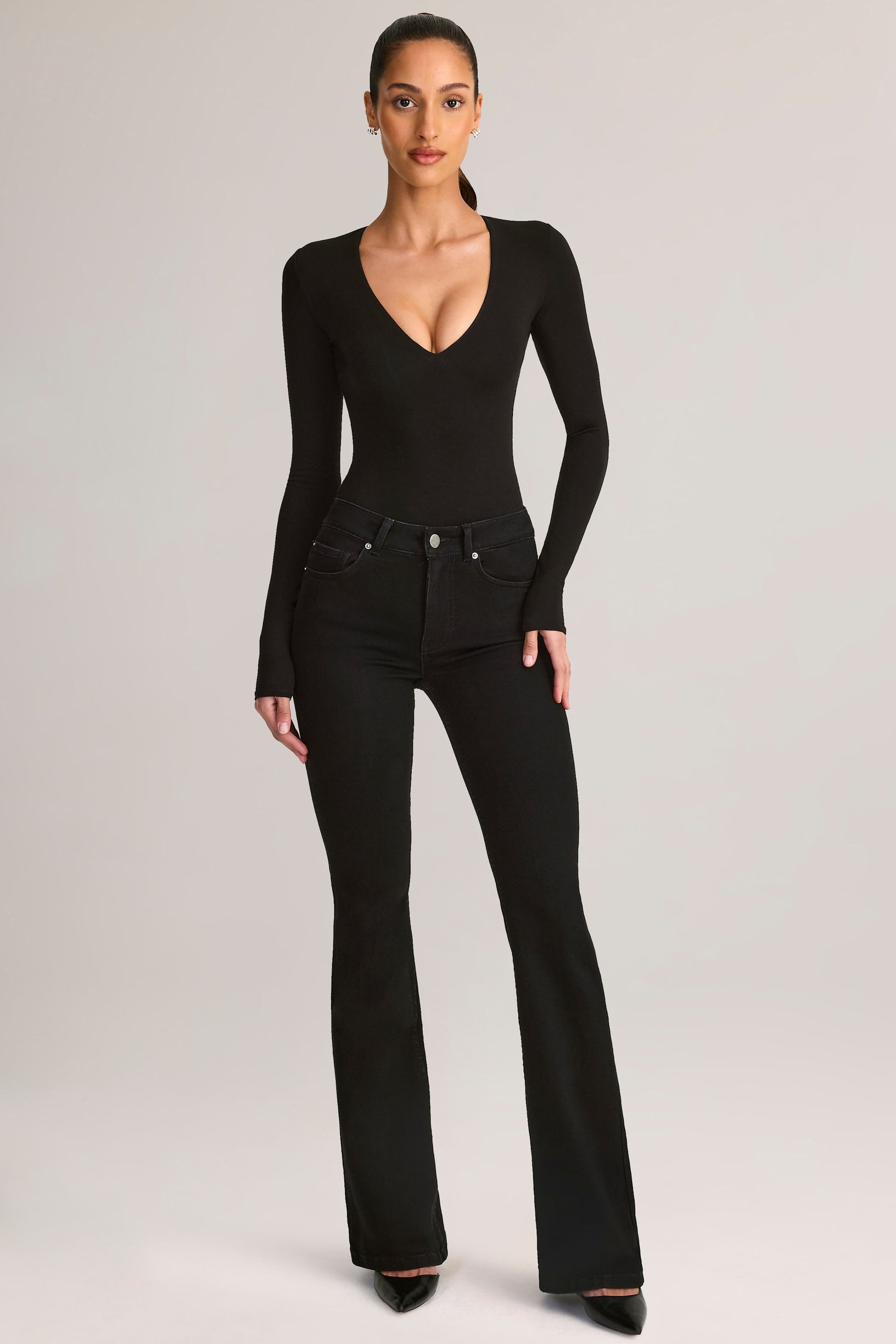 Denim Mid-Rise Flared Jeans in Black - 1