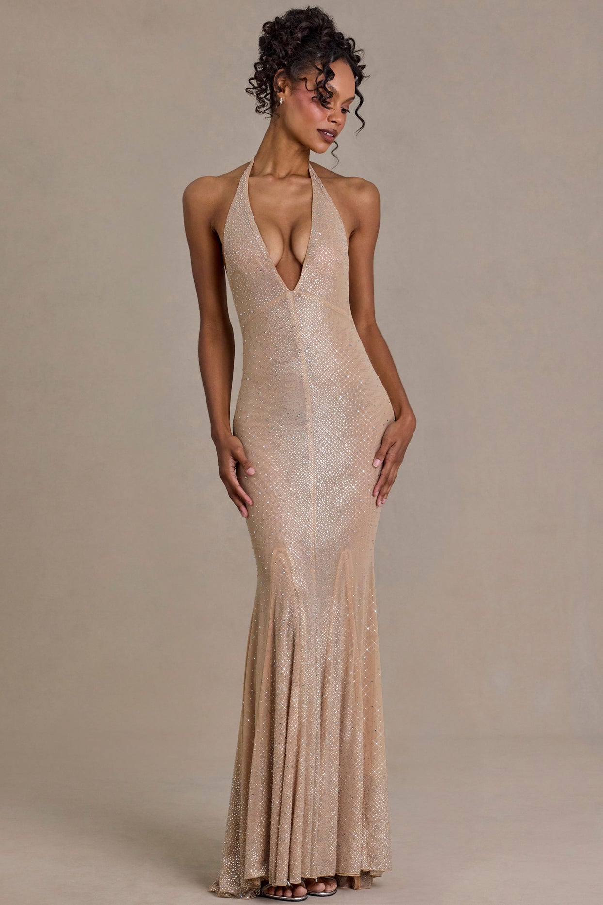 Embellished Plunge-Neck Open-Back Gown in Sand - 5