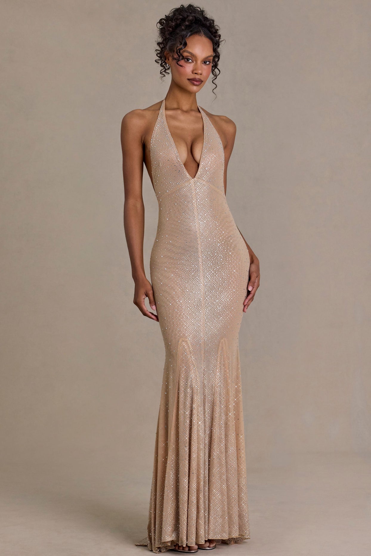 Embellished Plunge-Neck Open-Back Gown in Sand - 1