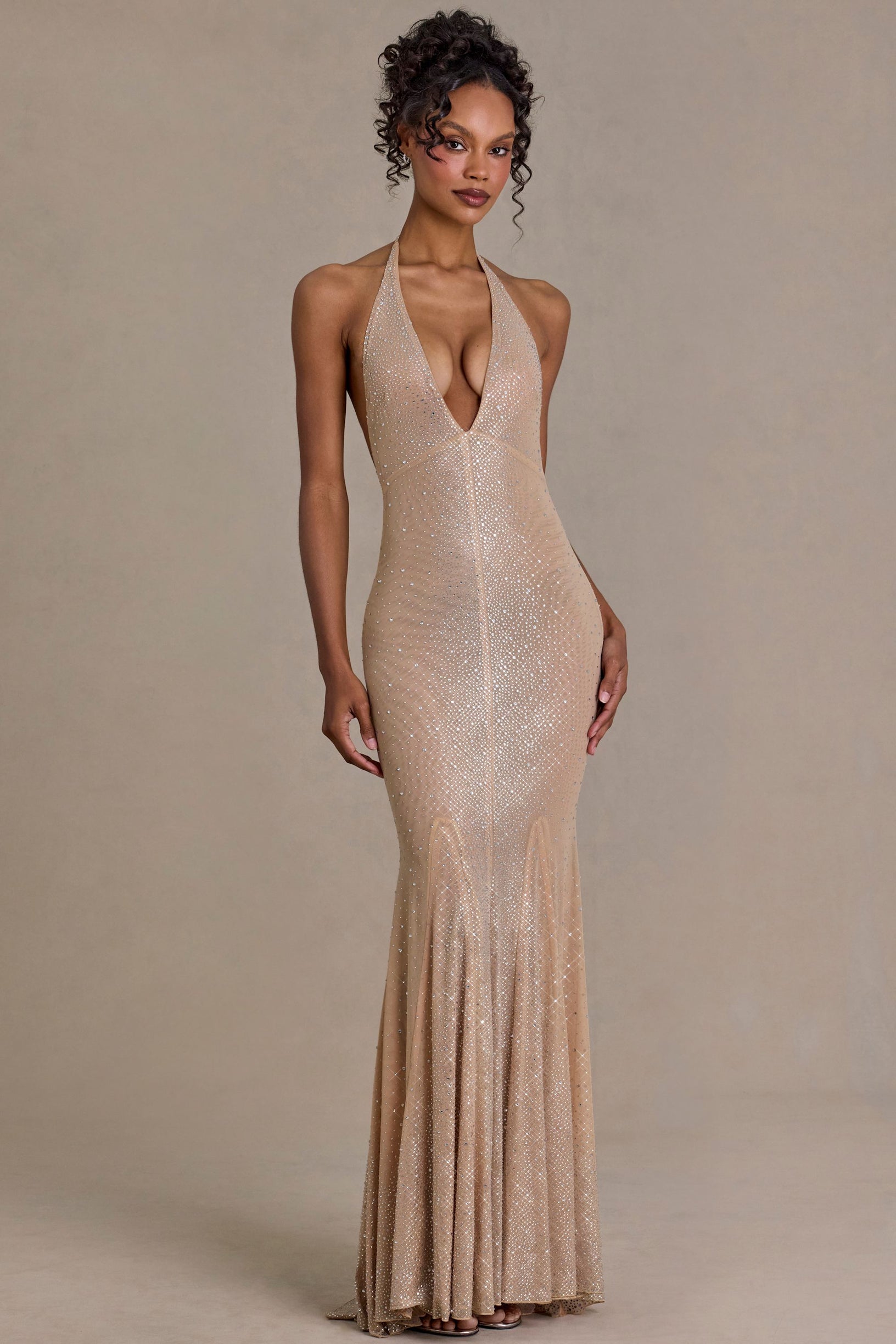 Embellished Plunge-Neck Open-Back Gown in Beige Gold - 1