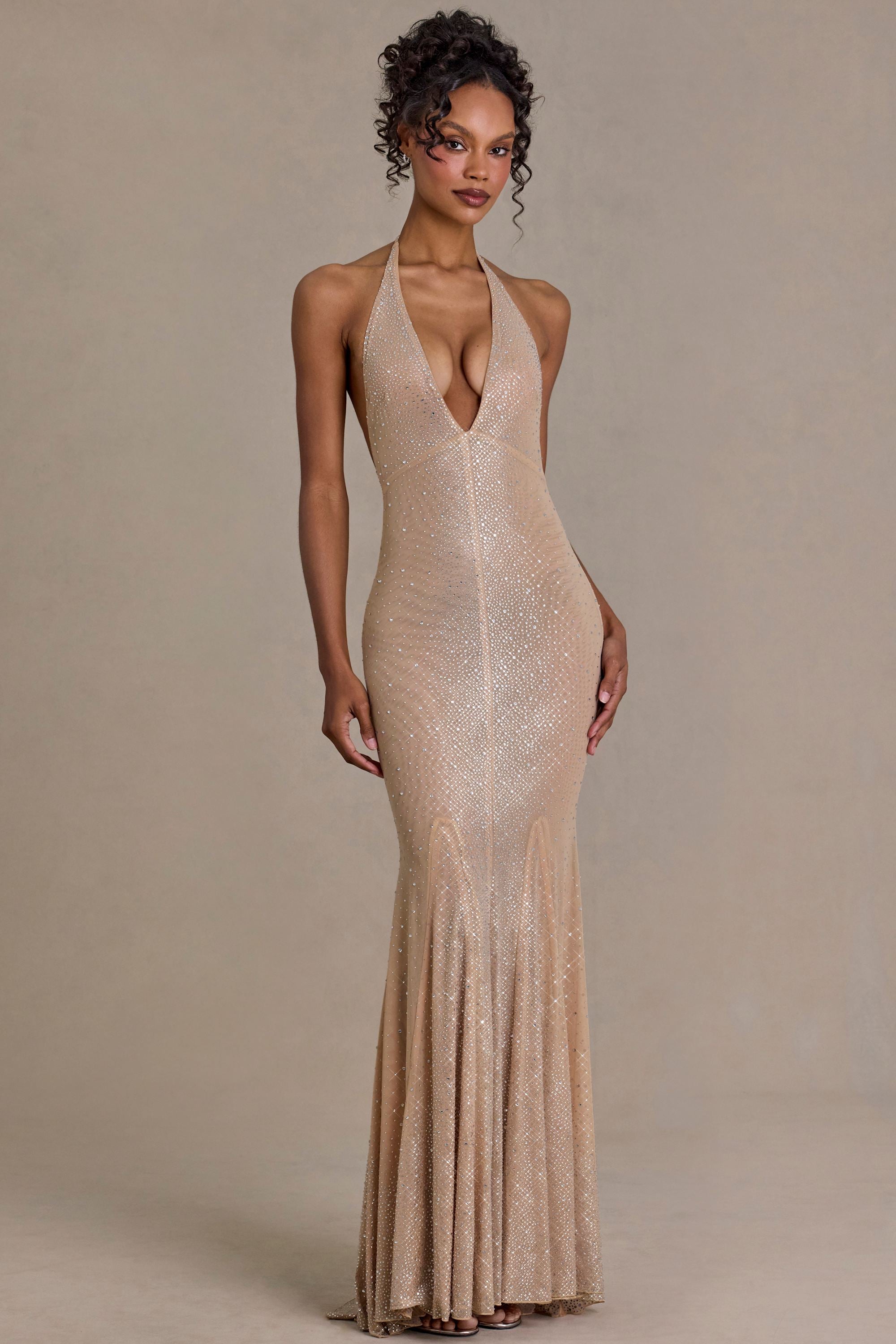 Embellished Plunge-Neck Open-Back Gown in Sand - 1
