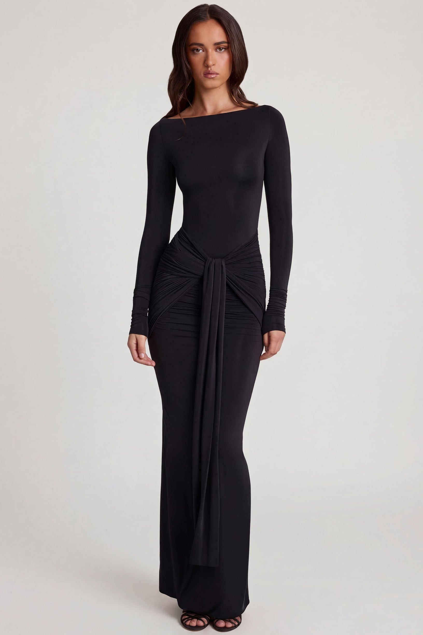 Soft Jersey Boat-Neck Tie-Gather Maxi Dress in Black - 1