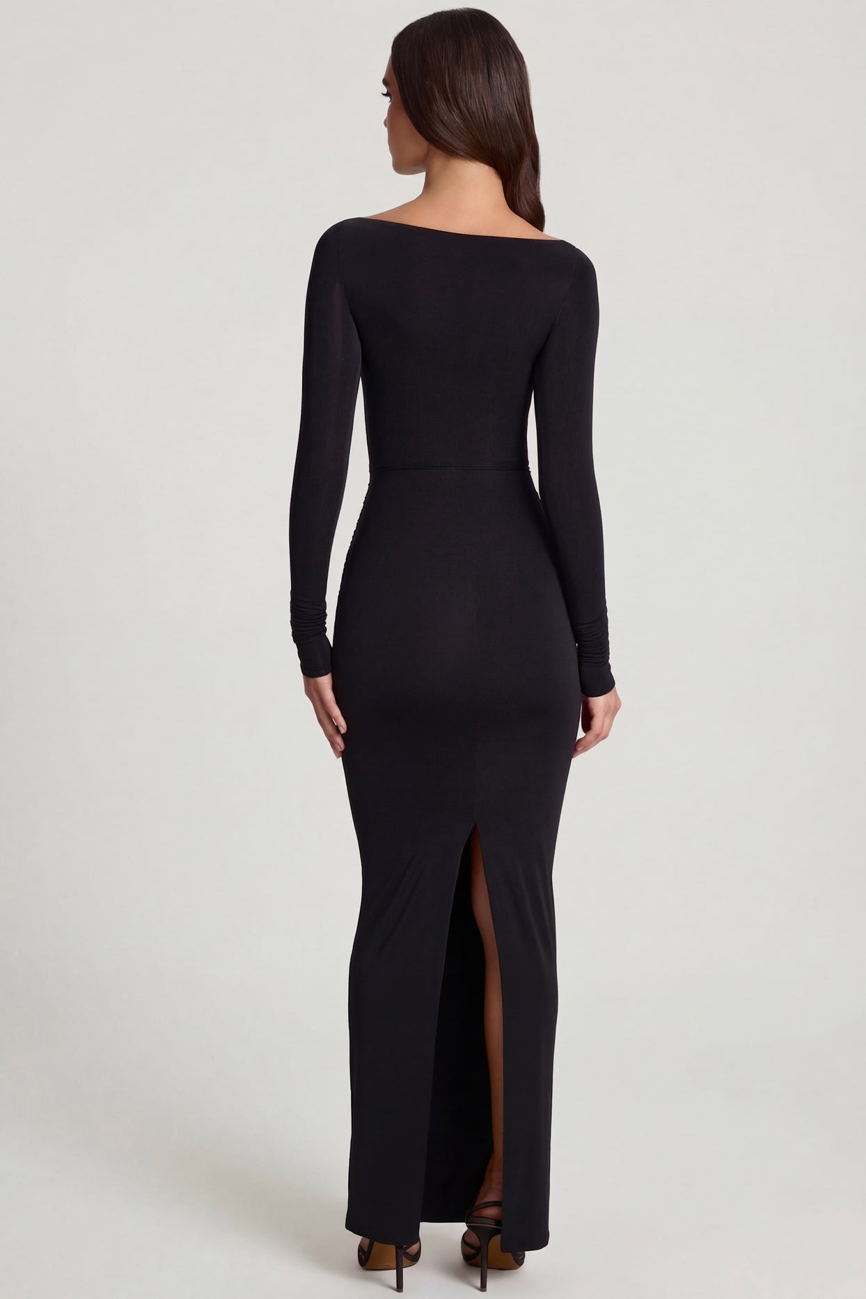 Soft Jersey Boat-Neck Tie-Gather Maxi Dress in Black - 2