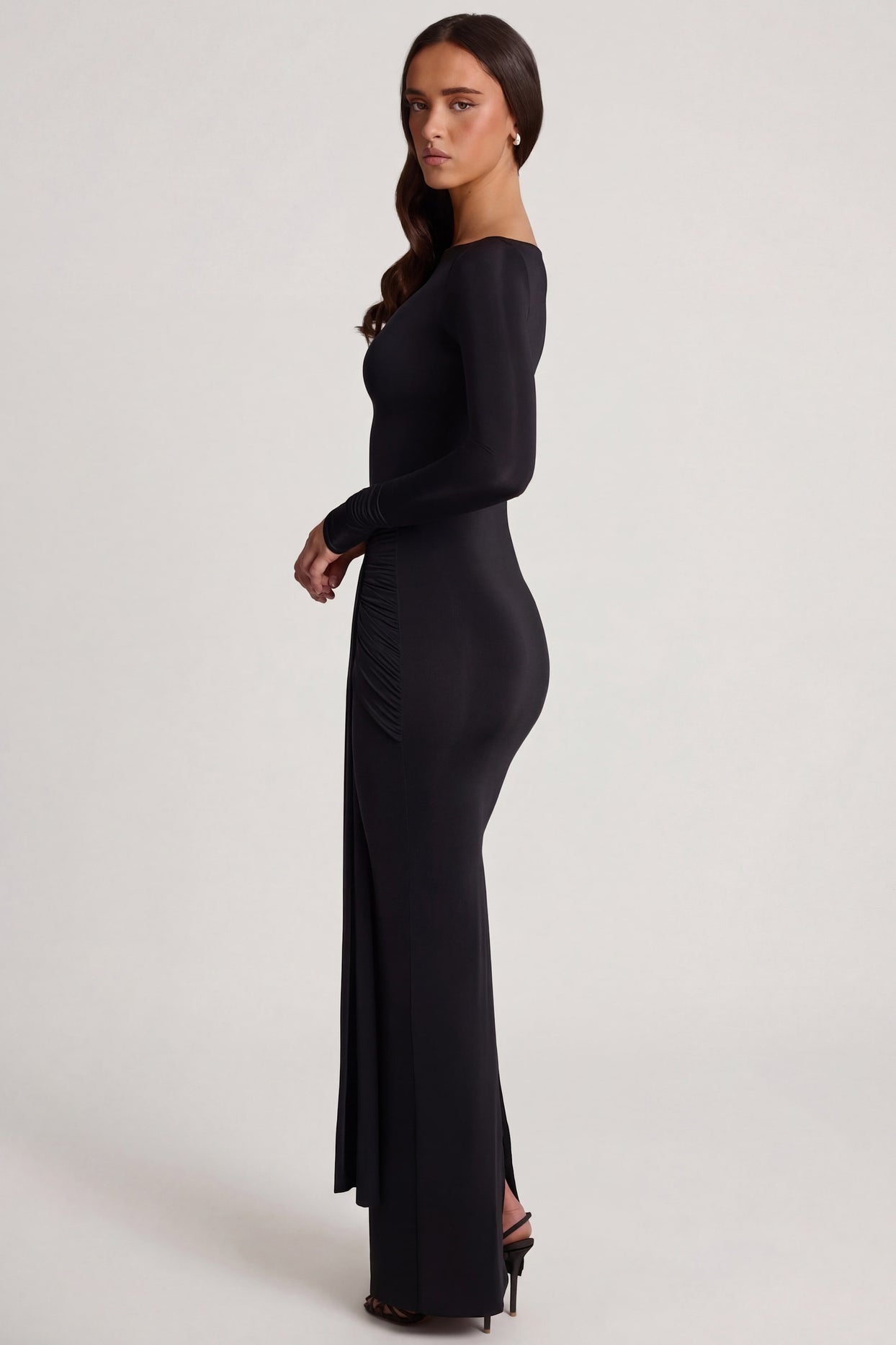 Soft Jersey Boat-Neck Tie-Gather Maxi Dress in Black - 3