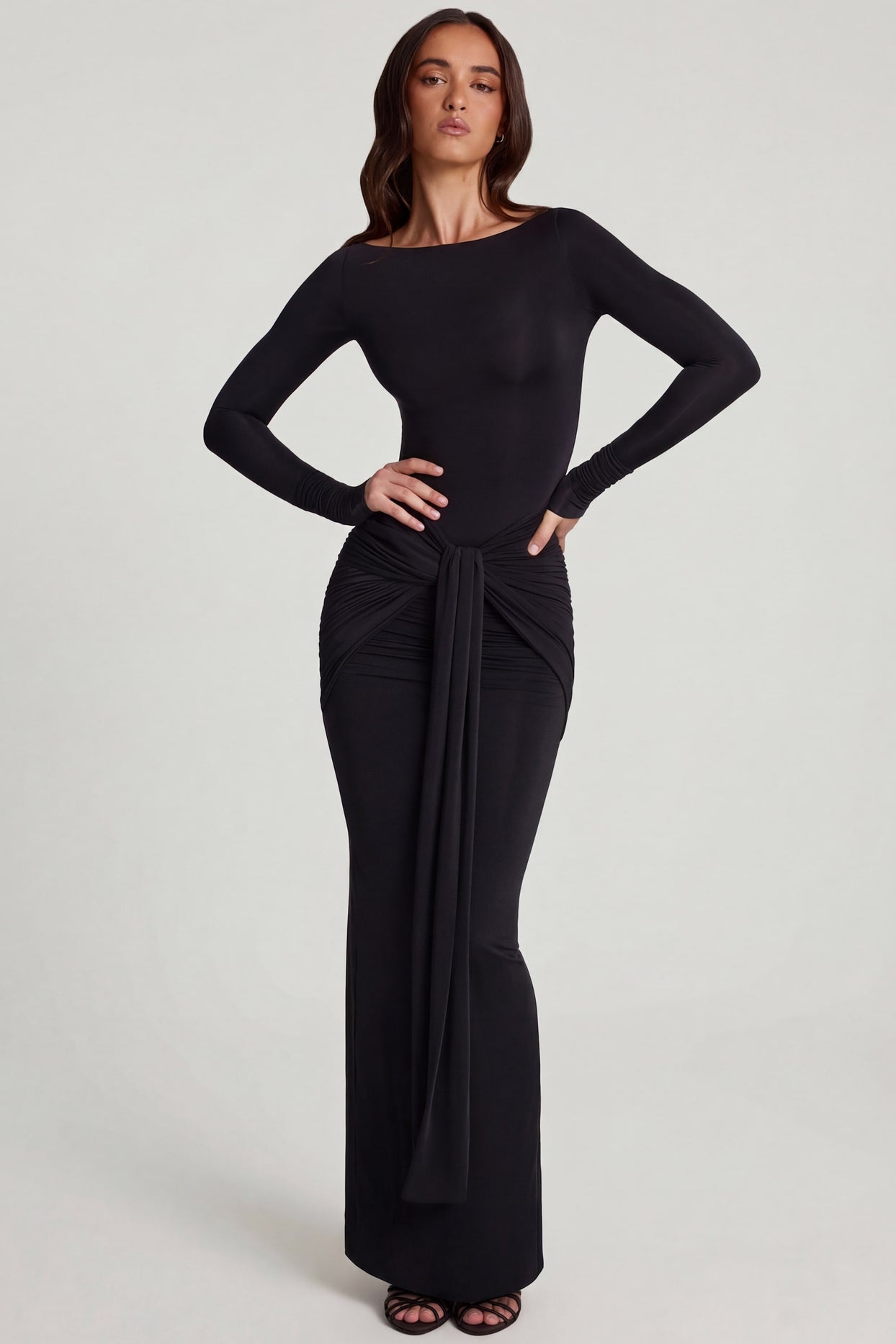 Soft Jersey Boat-Neck Tie-Gather Maxi Dress in Black - 5