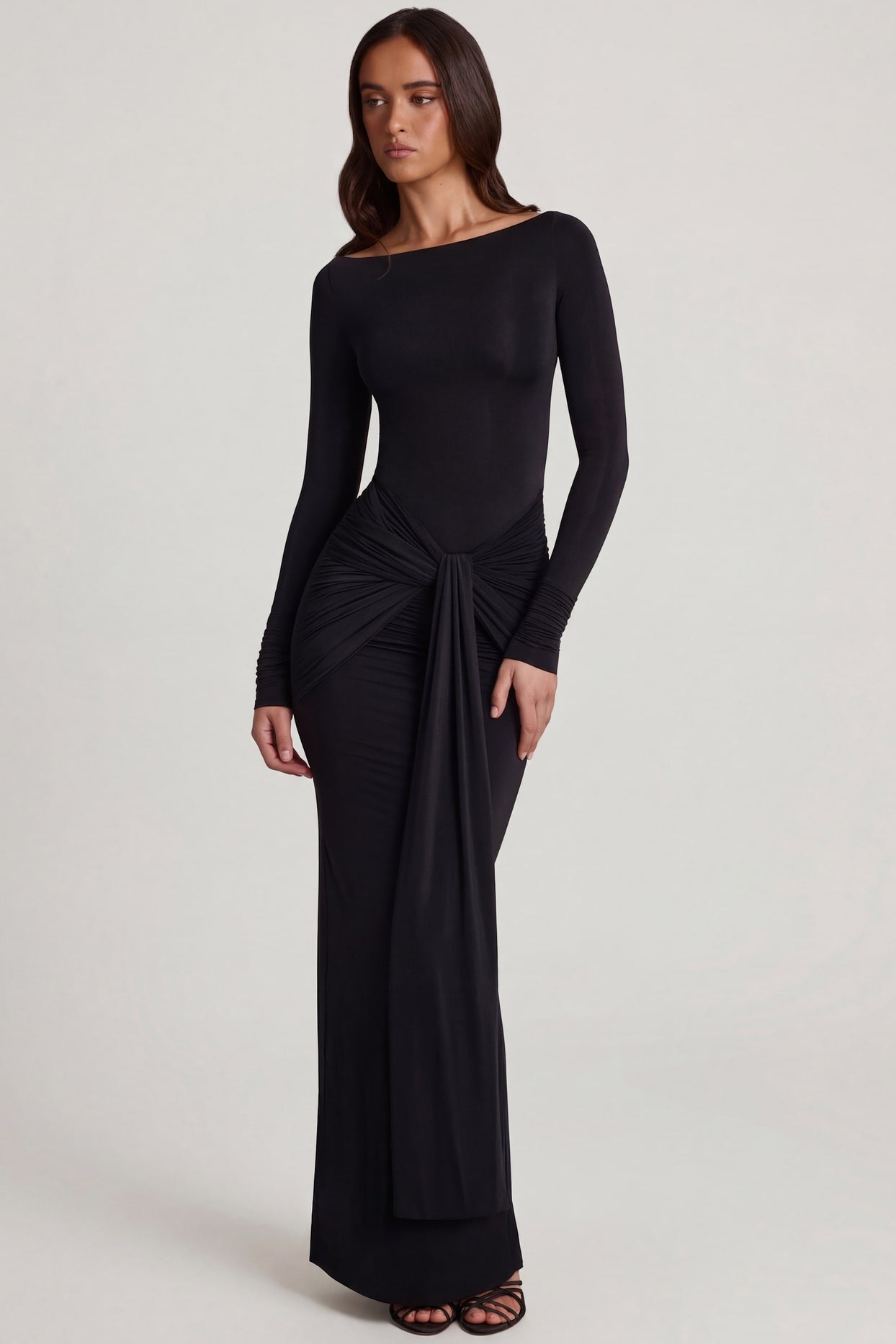 Soft Jersey Boat-Neck Tie-Gather Maxi Dress in Black - 6