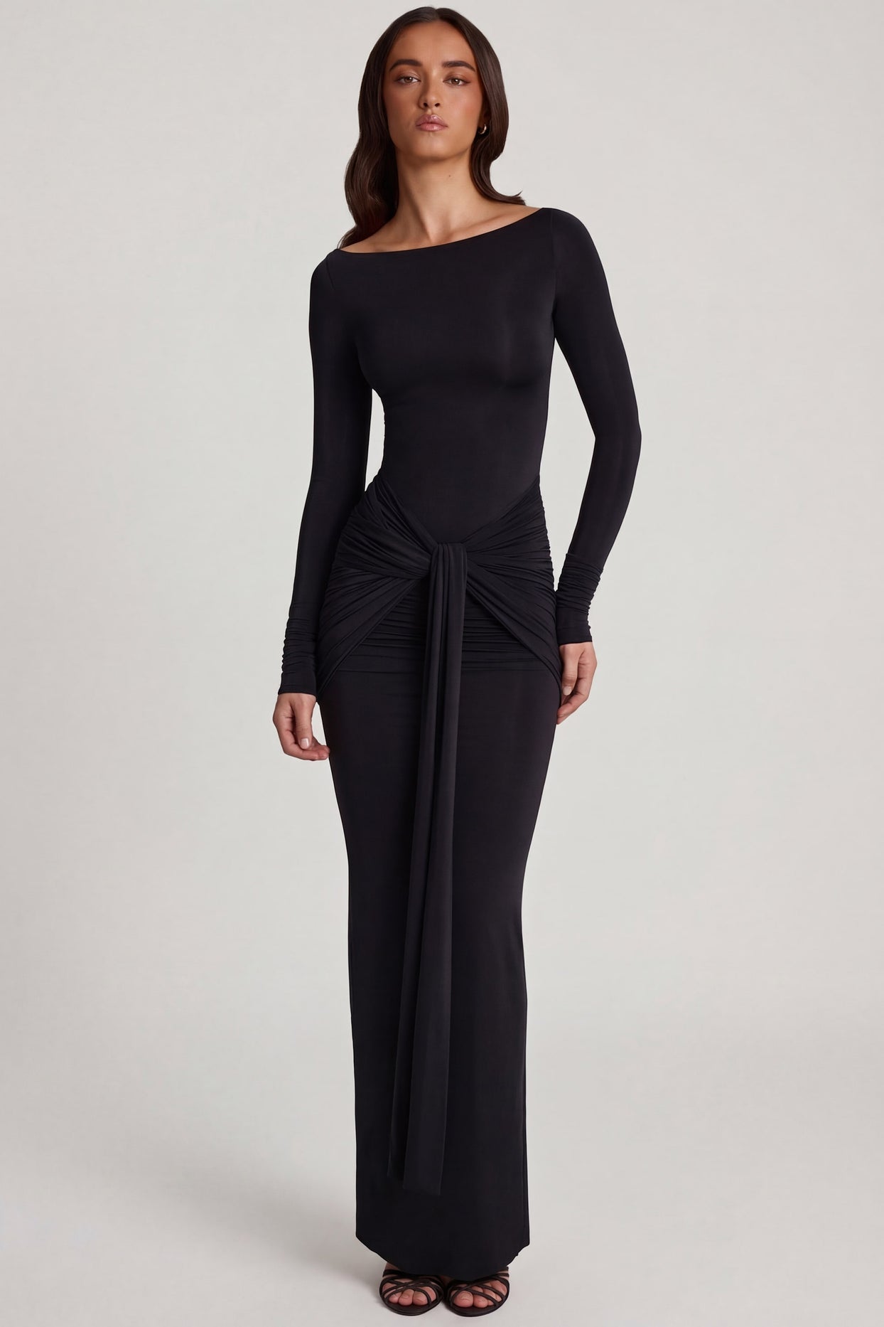 Soft Jersey Boat-Neck Tie-Gather Maxi Dress in Black - 7