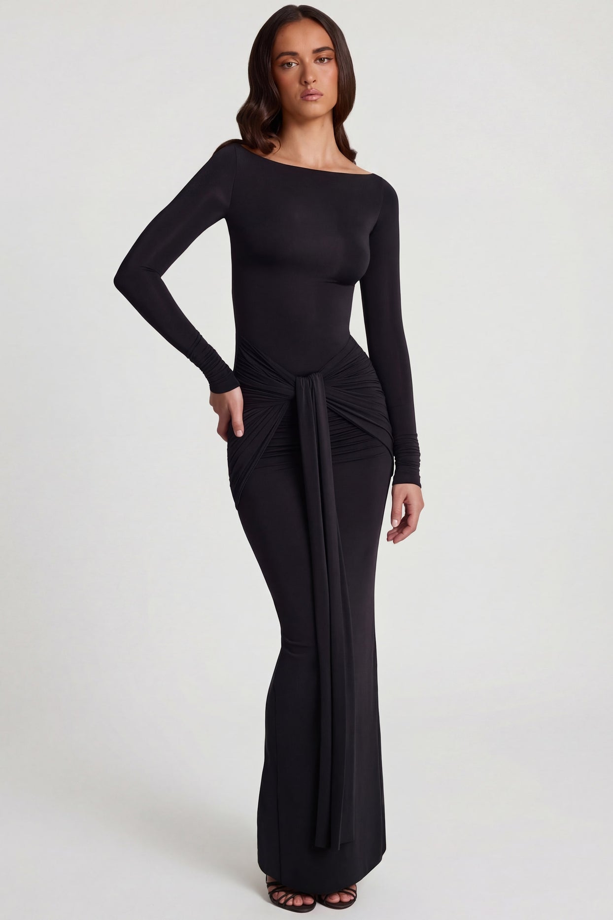 Soft Jersey Boat-Neck Tie-Gather Maxi Dress in Black - 8