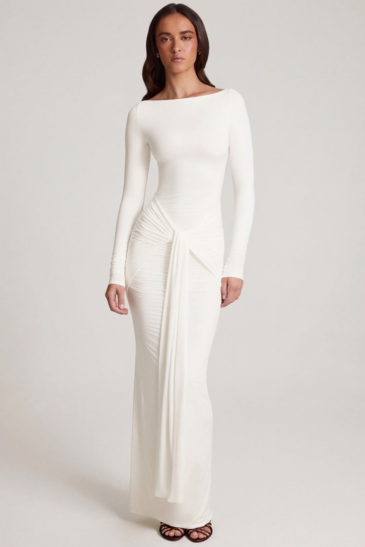 Soft Jersey Boat-Neck Tie-Gather Maxi Dress in White - 6