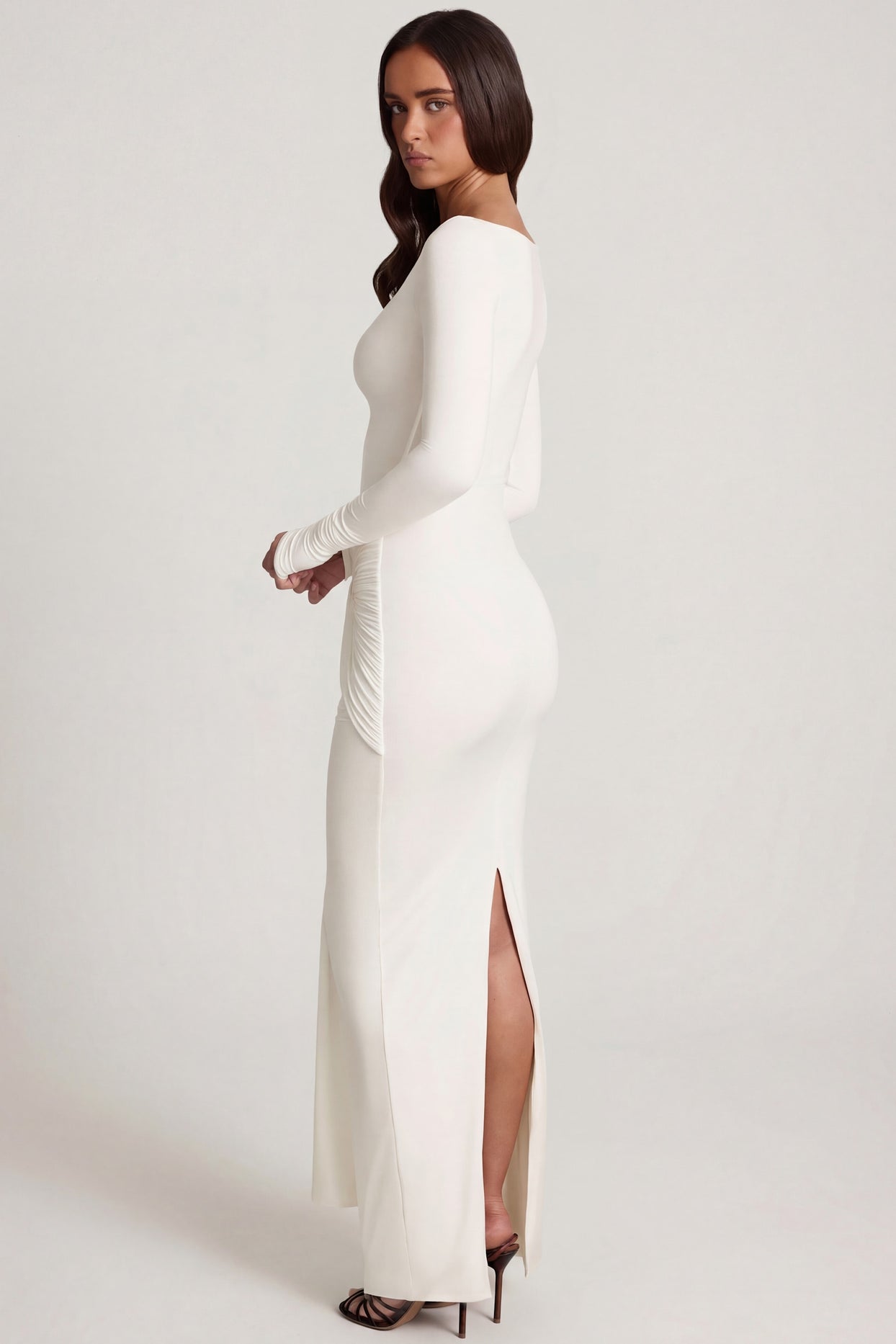 Soft Jersey Boat-Neck Tie-Gather Maxi Dress in White - 3