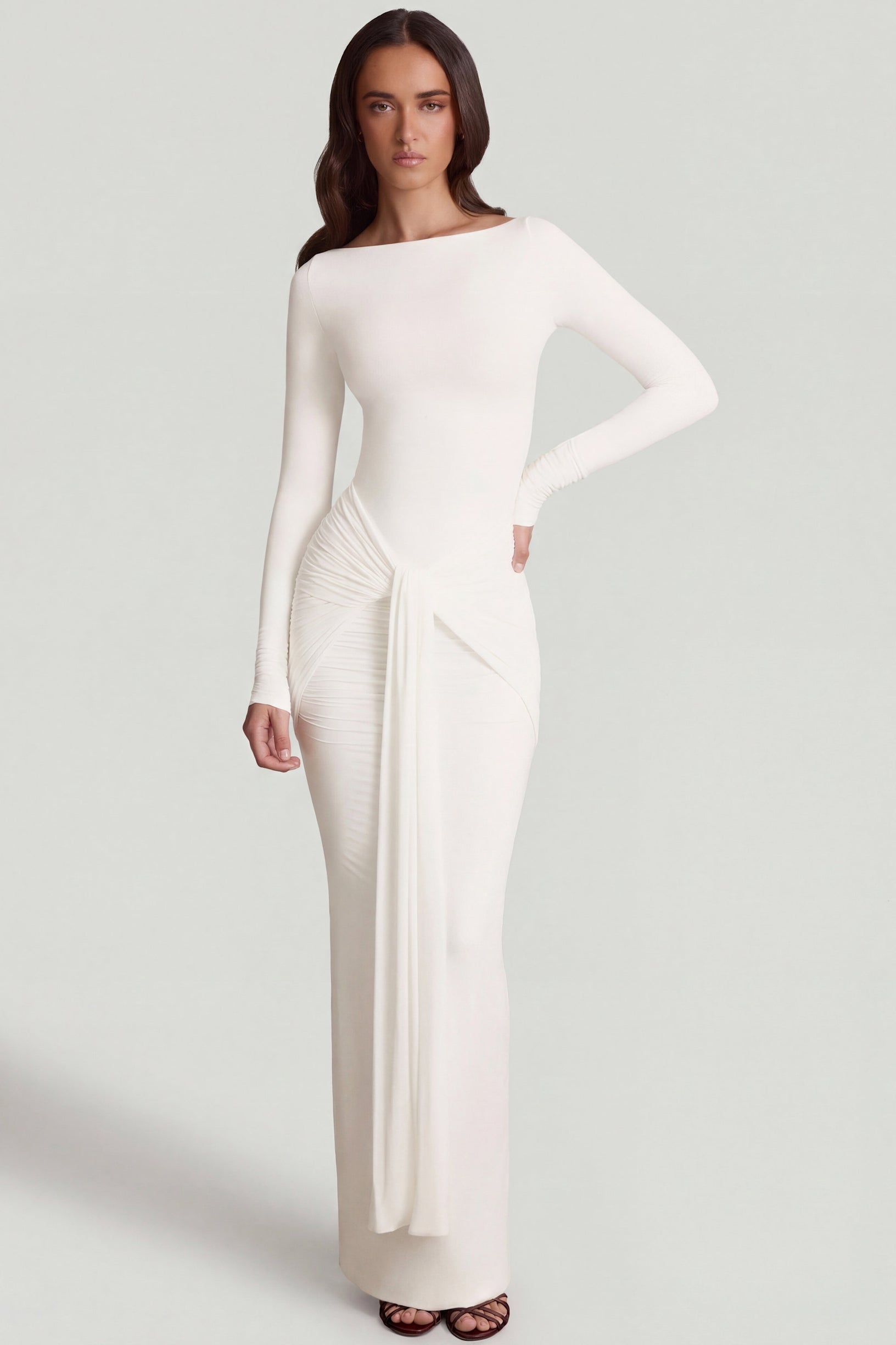 Soft Jersey Boat-Neck Tie-Gather Maxi Dress in White - 1