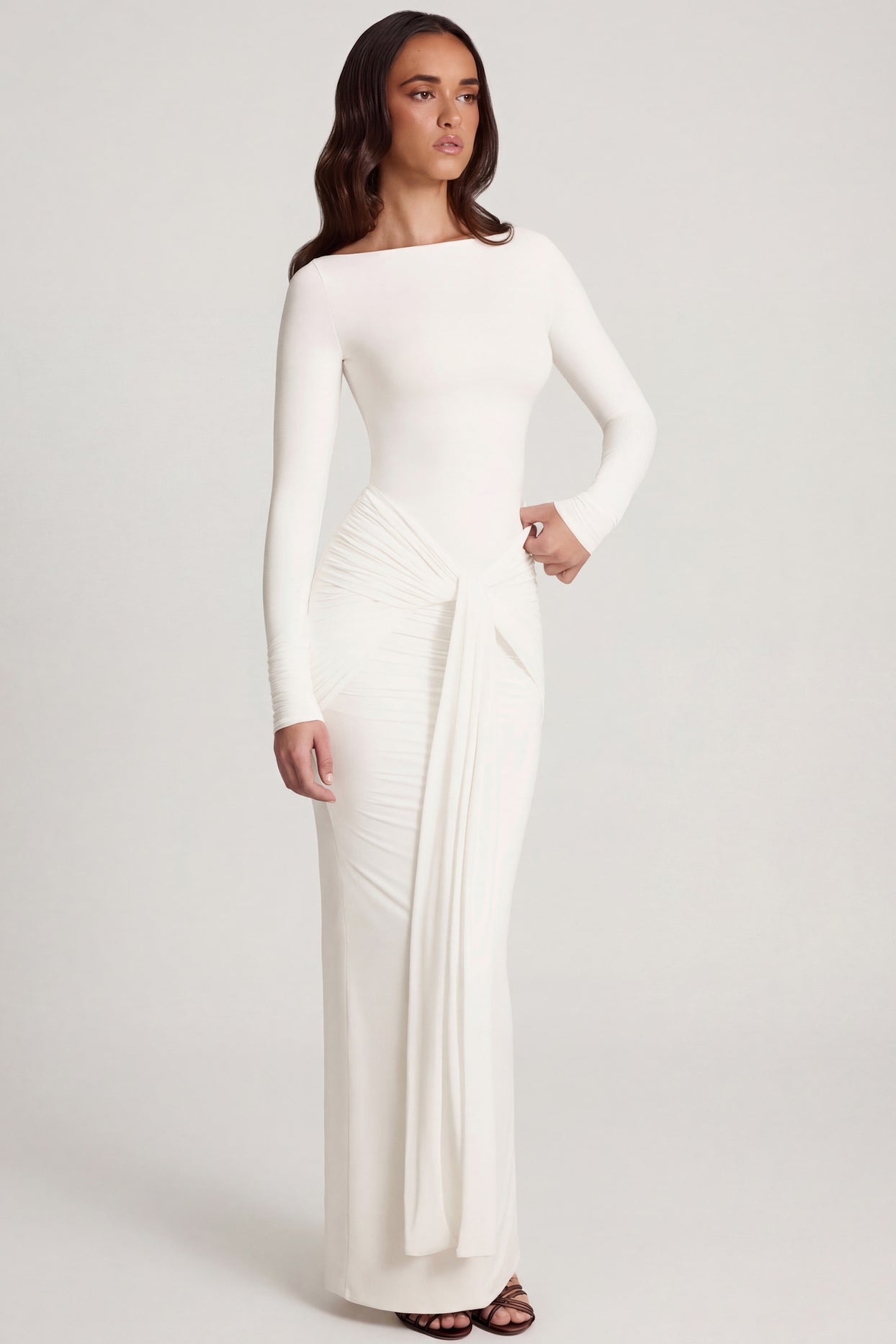 Soft Jersey Boat-Neck Tie-Gather Maxi Dress in White - 5