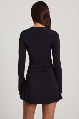 Oh Polly's Roberta wearing the Carielle Mini Dress in Black Sheer Jersey fabric perfect for a night out