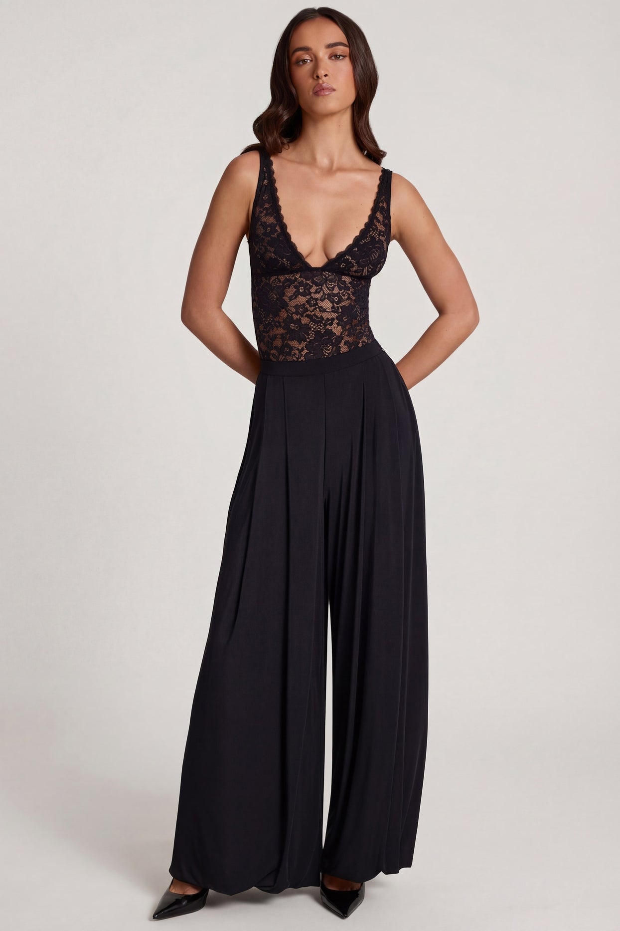 Soft Jersey Mid-Rise Wide-Leg Trousers in Black - 1