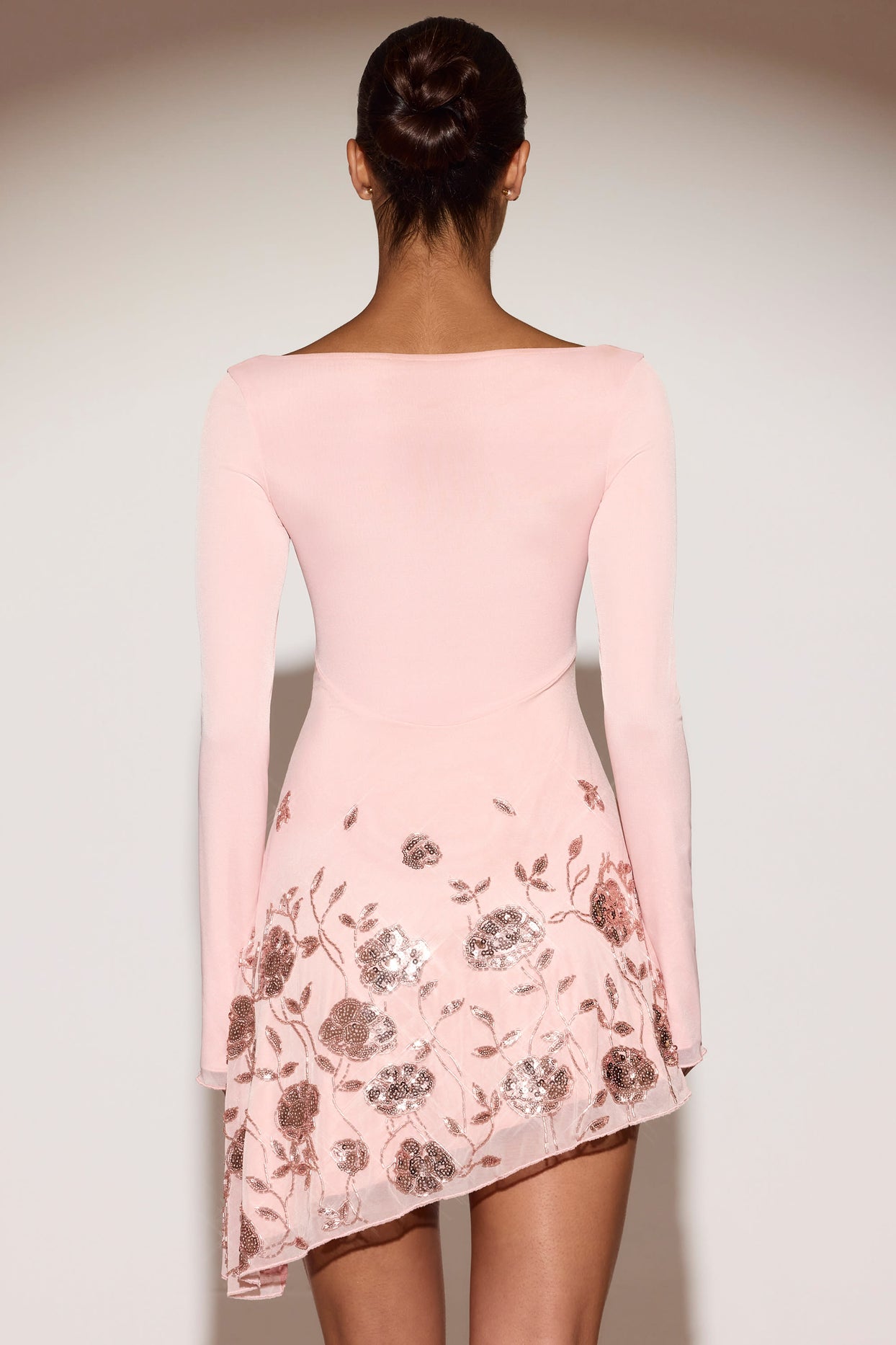 Embellished Appliqué Asymmetric Mini Dress in Pink - 2