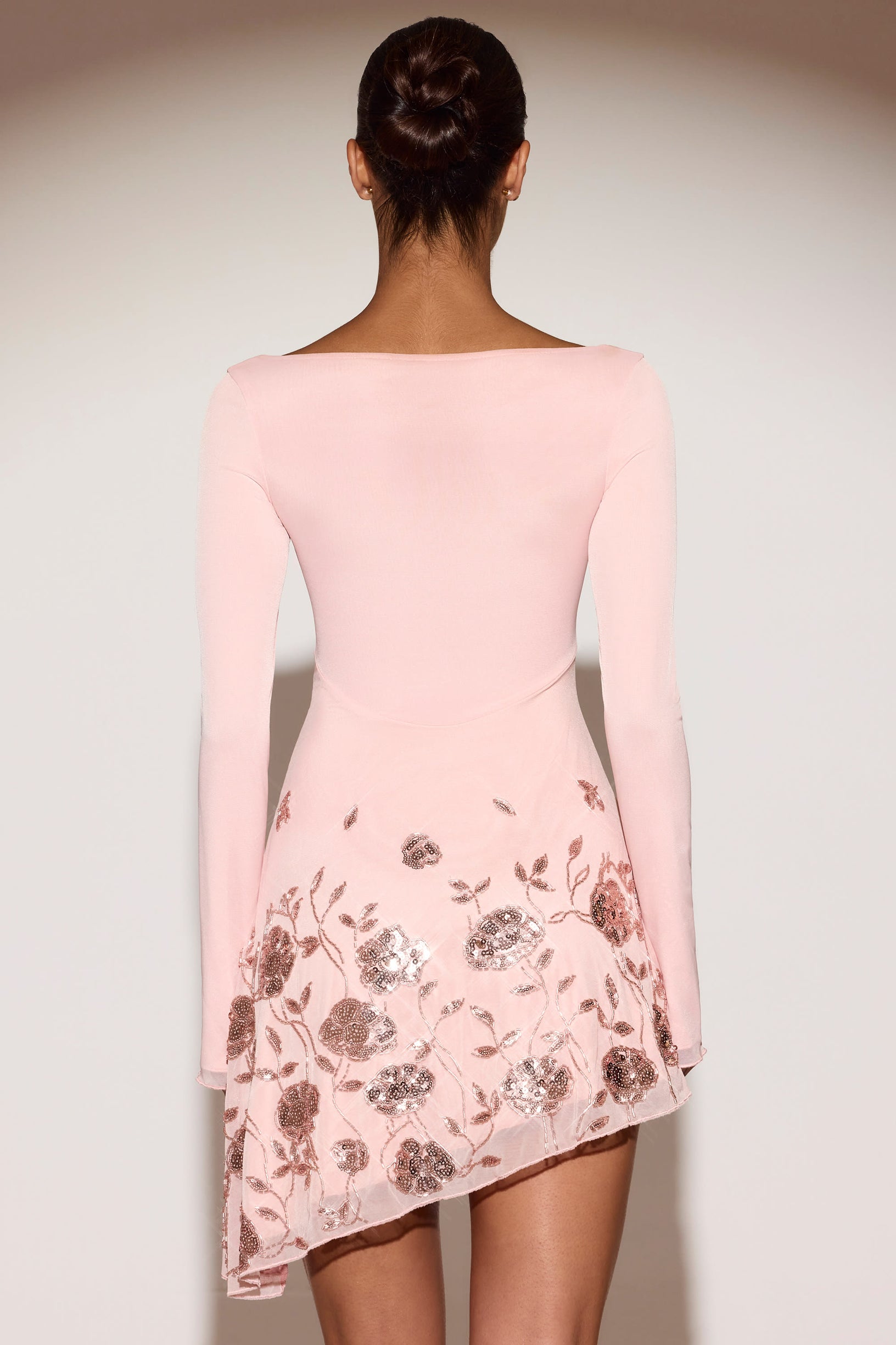 Embellished Appliqué Asymmetric Mini Dress in Pink - 2