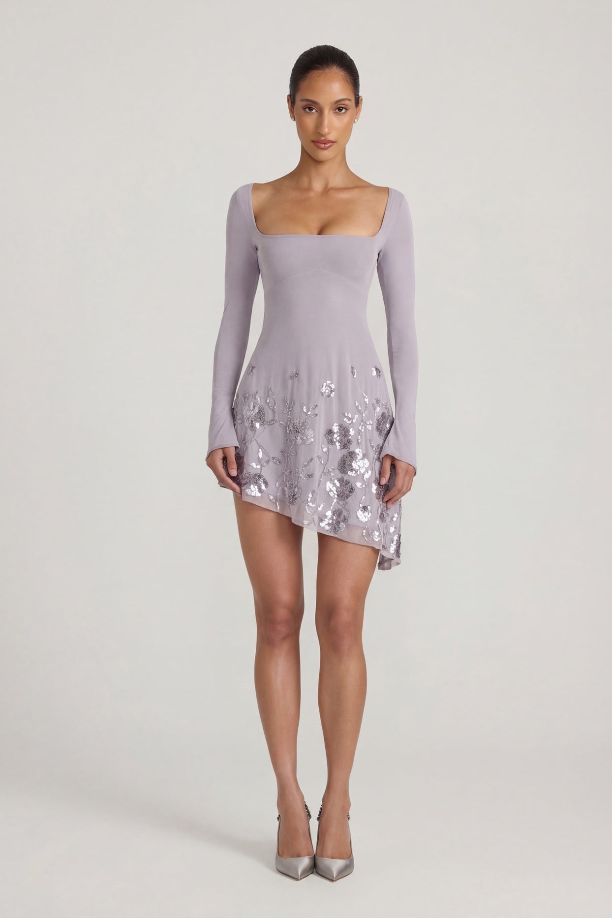 Embellished Appliqué Asymmetric Mini Dress in Lilac - 5