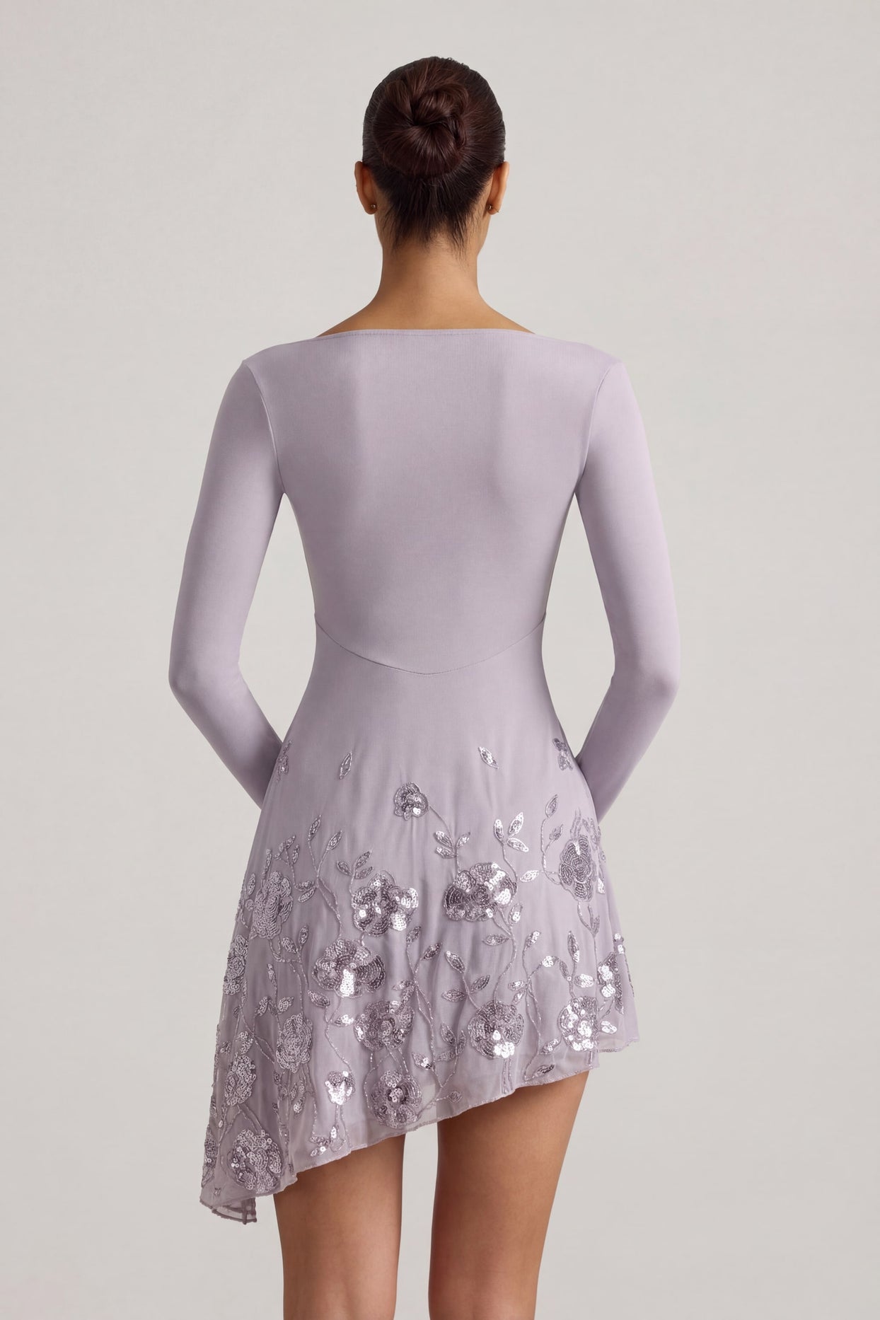 Embellished Appliqué Asymmetric Mini Dress in Lilac - 2