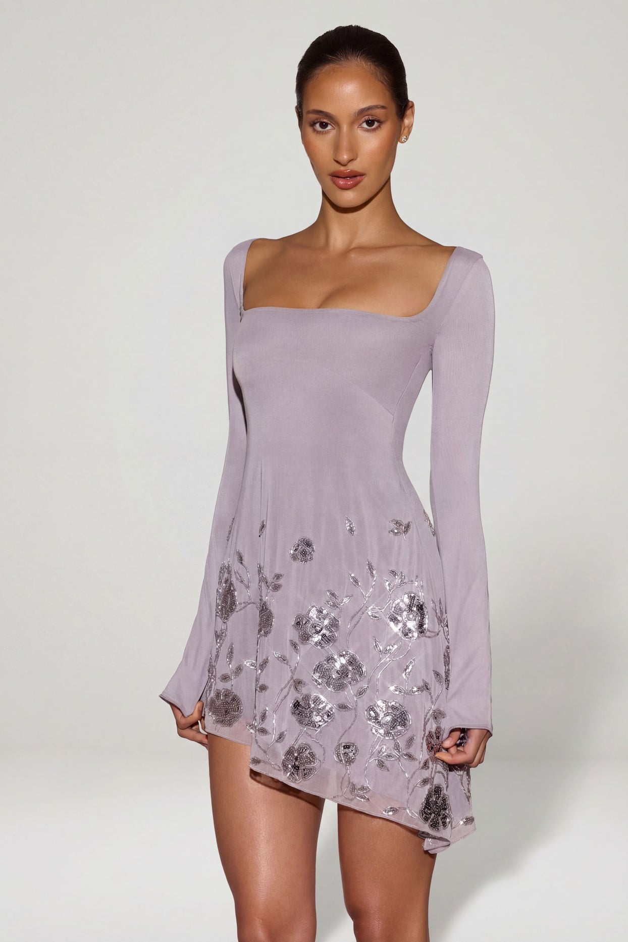 Embellished Appliqué Asymmetric Mini Dress in Lilac - 7