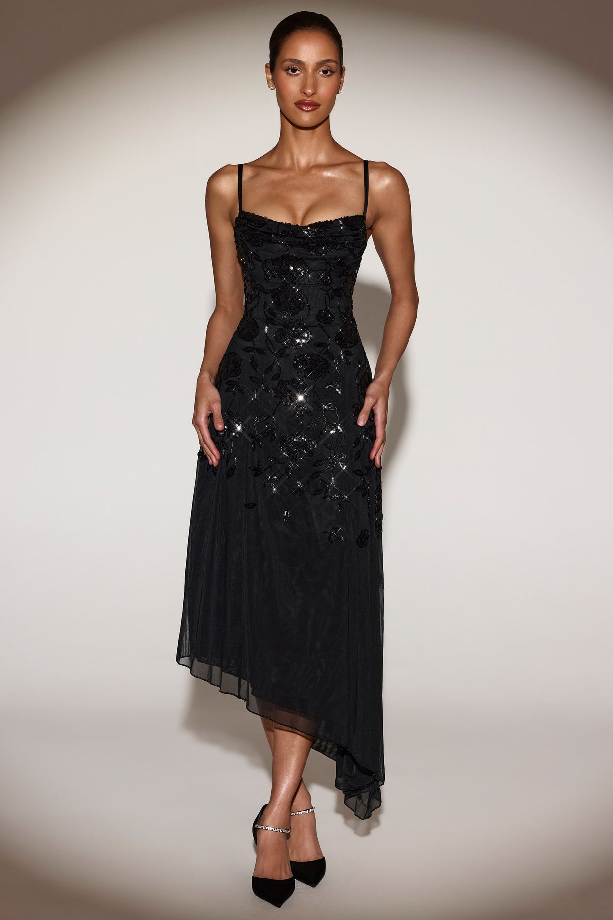 Embellished Soft-Scoop Asymmetric Midaxi Dress in Black - 1