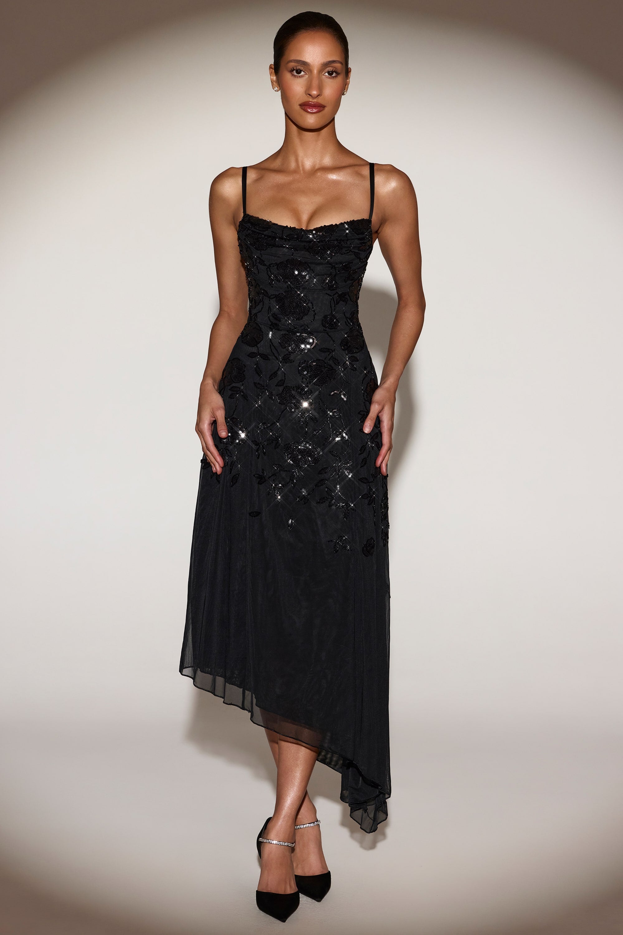 Embellished Soft-Scoop Asymmetric Midaxi Dress in Black - 1