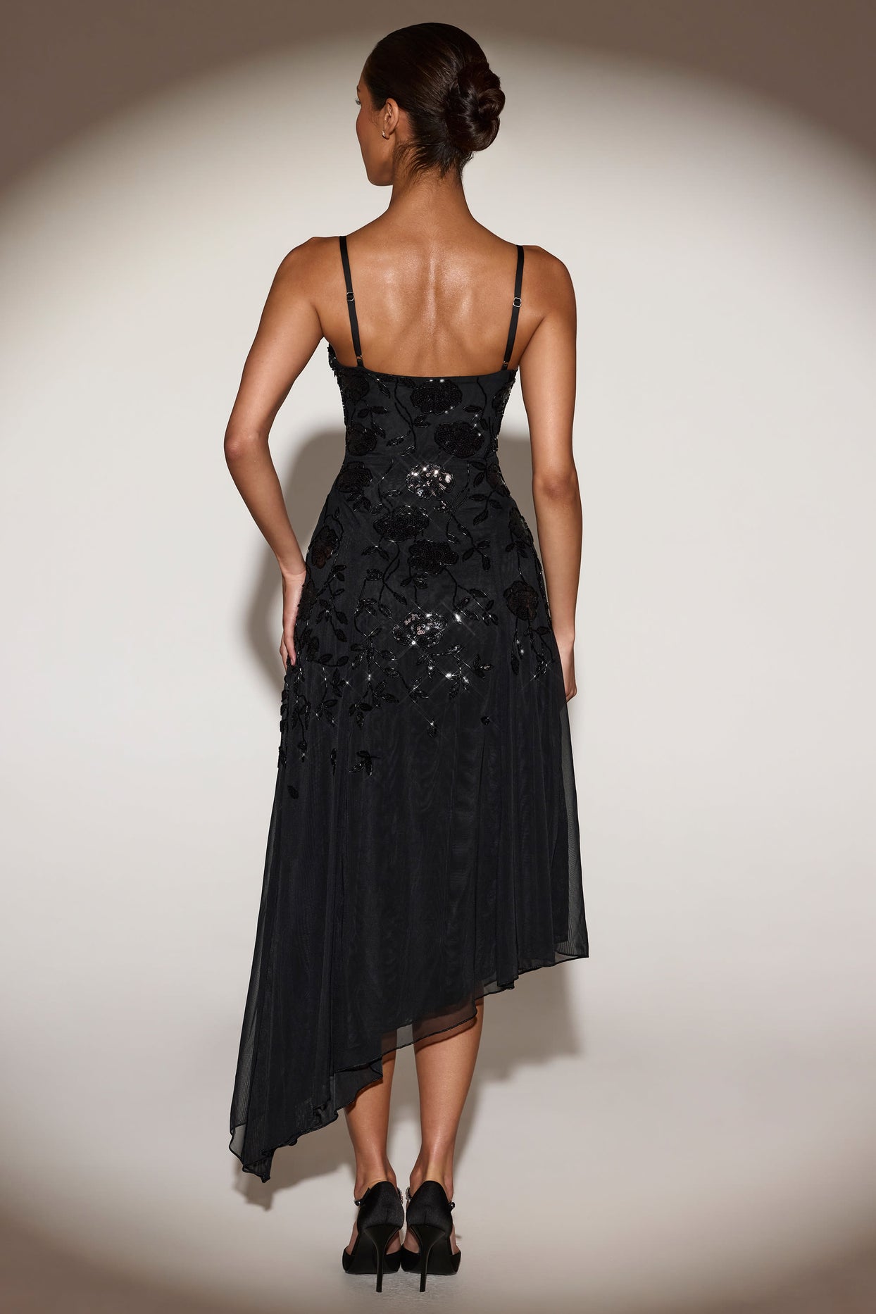 Embellished Soft-Scoop Asymmetric Midaxi Dress in Black - 2