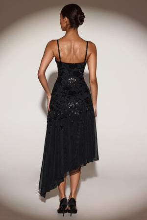 Embellished Asymmetric Midaxi Dress in Black